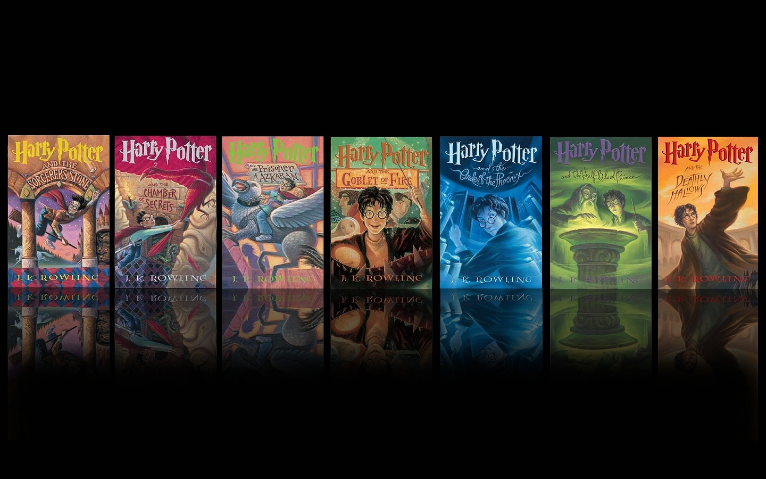 Harry Potter, Copertine dei libri, Saga completa, Sfondo nero, 2K, wallpaper per portatile