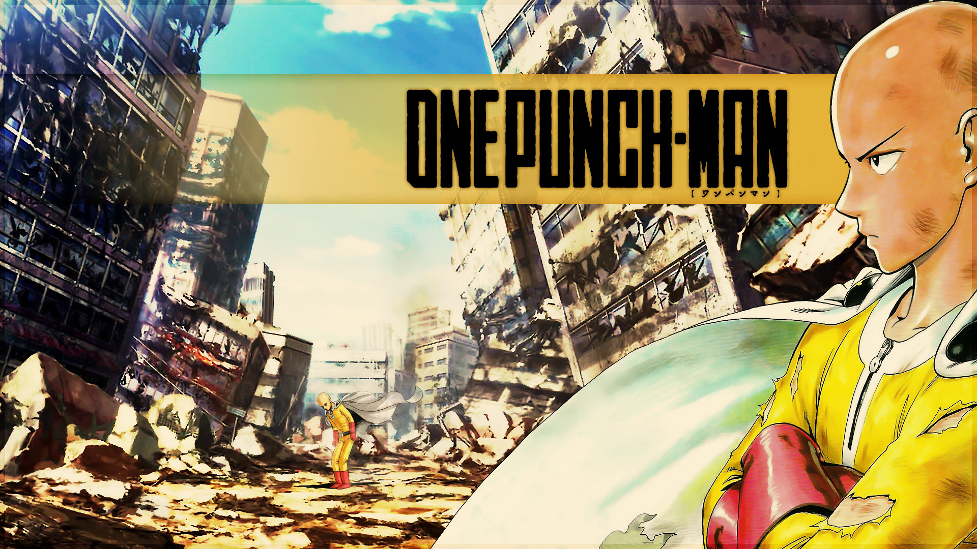 Saitama, One Punch Man, Logo, Città distrutta, 1920x1080, sfondo per PC