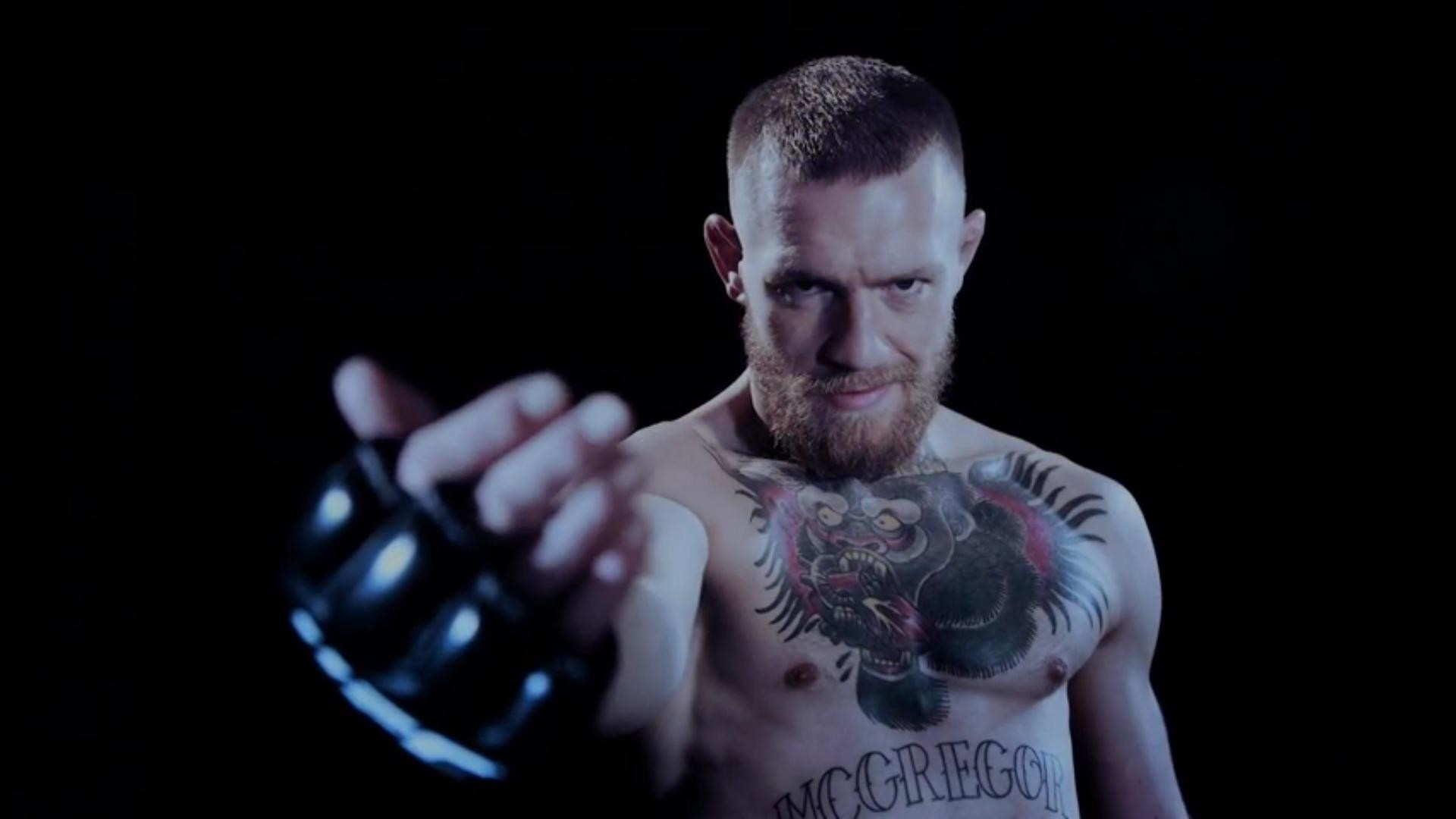 Conor McGregor, Guantone MMA, Tatuaggi, Sfondo scuro, Full HD, wallpaper per portatile