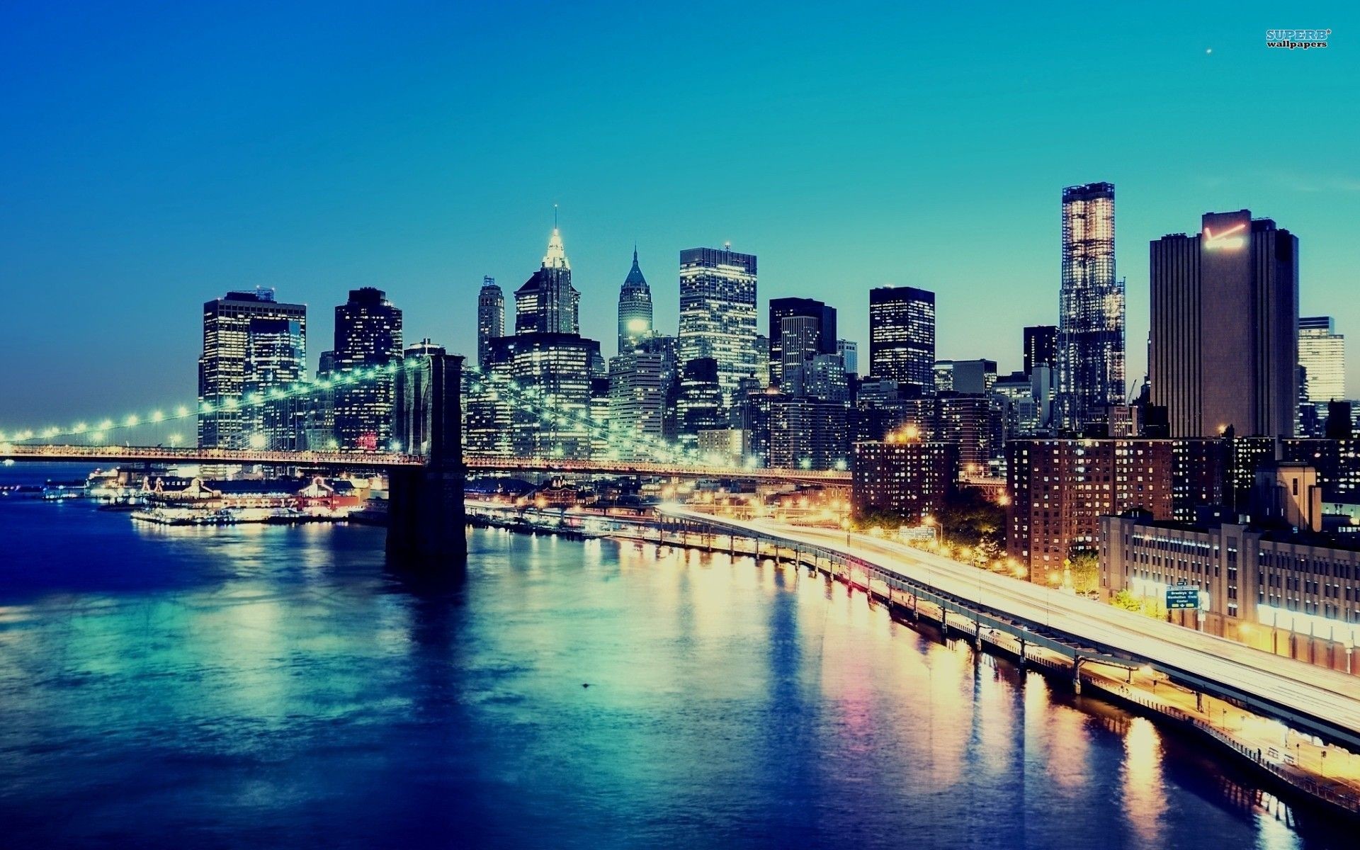 Ponte di Brooklyn, Lower Manhattan, East River, Notte, 1920x1200, sfondo per PC