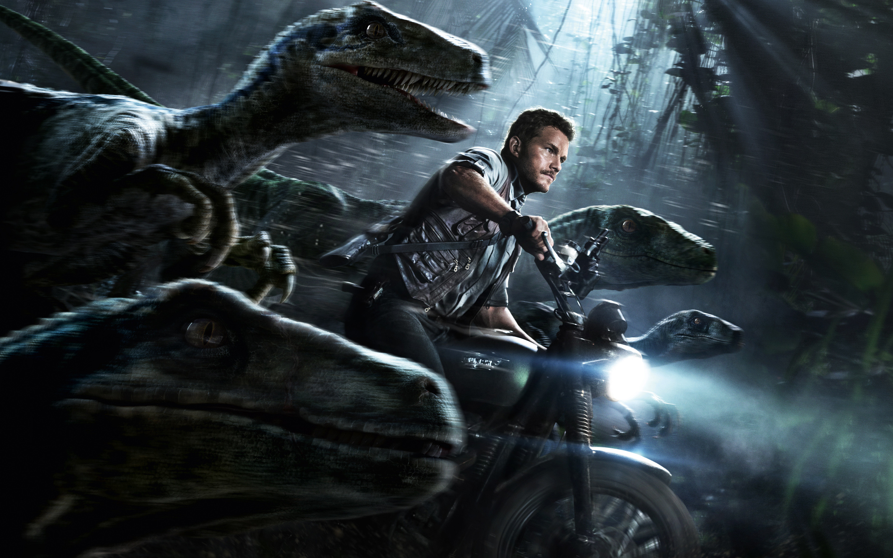 Jurassic World, Chris Pratt, Owen Grady, Velociraptor, Moto, 2K, sfondo Windows 11