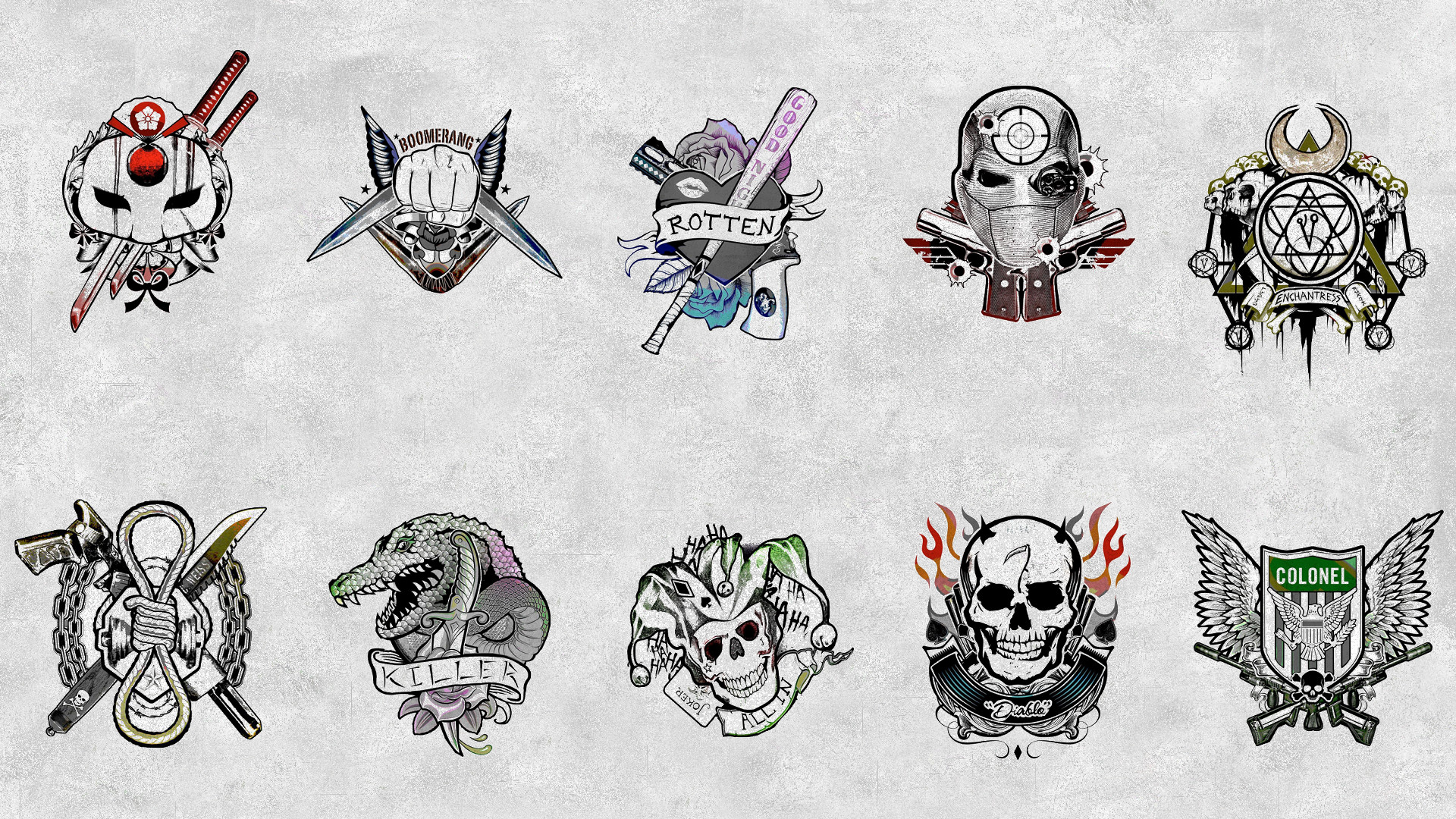 Suicide Squad, Emblemi dei personaggi, Harley Quinn, Killer Croc, Rick Flag, wallpaper desktop