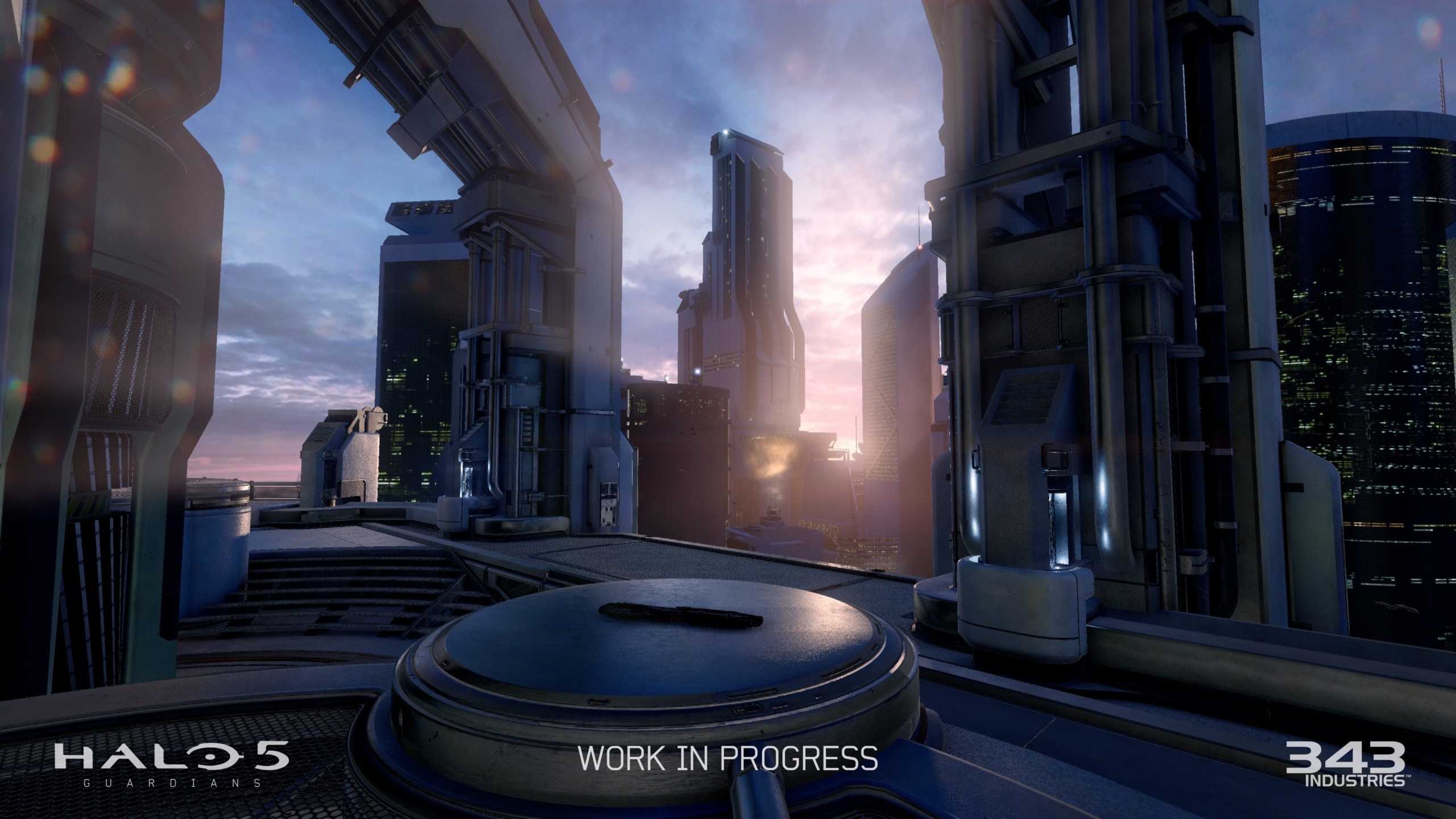 Halo 5: Guardians, 343 Industries, Città futuristica, Tramonto, 16:9 2K, sfondo widescreen
