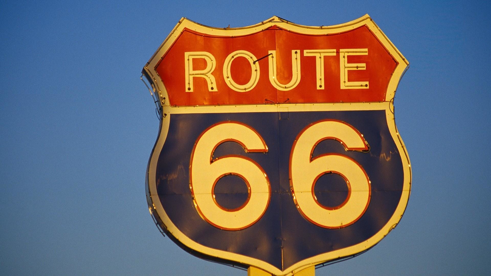Route 66, Insegna Route 66, Neon, Cielo azzurro, 16:9 Full HD, sfondo widescreen