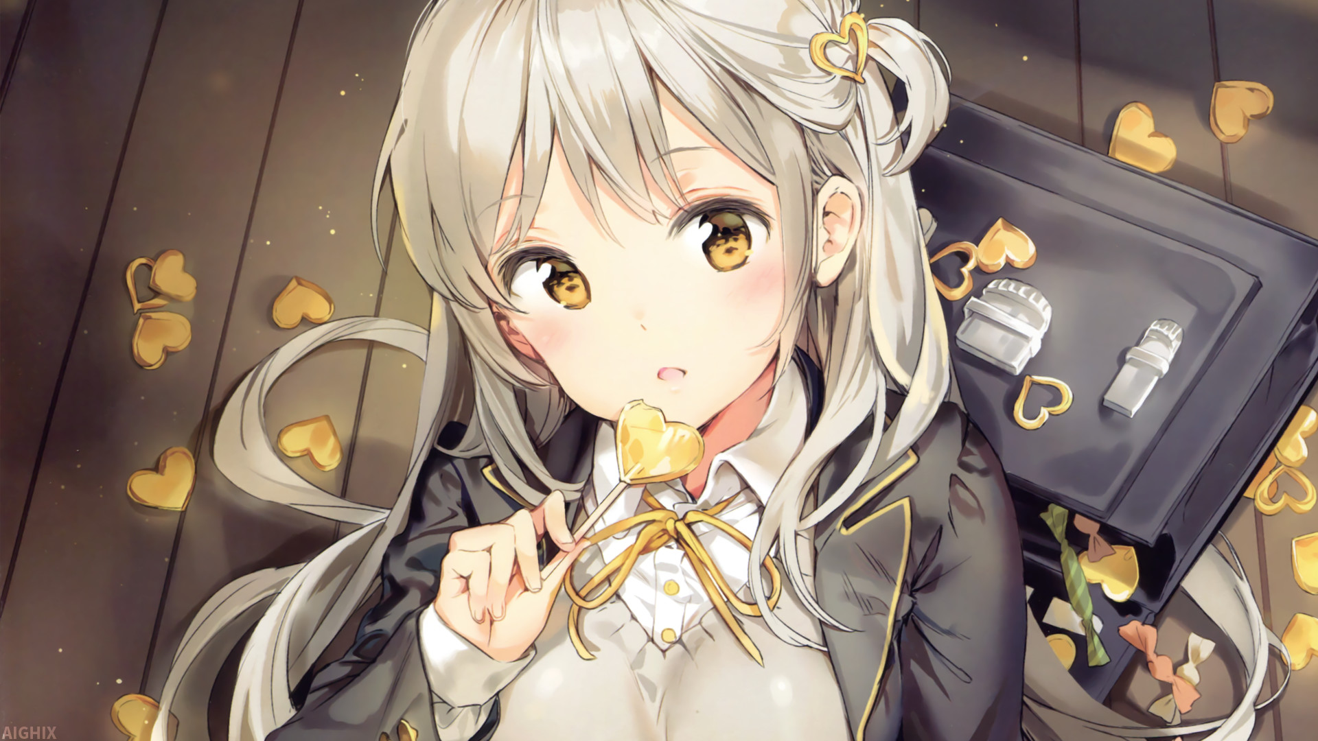 Ragazza anime, Biscotti a cuore, Capelli argentati, Kawaii, Full HD, sfondo per PC e portatile