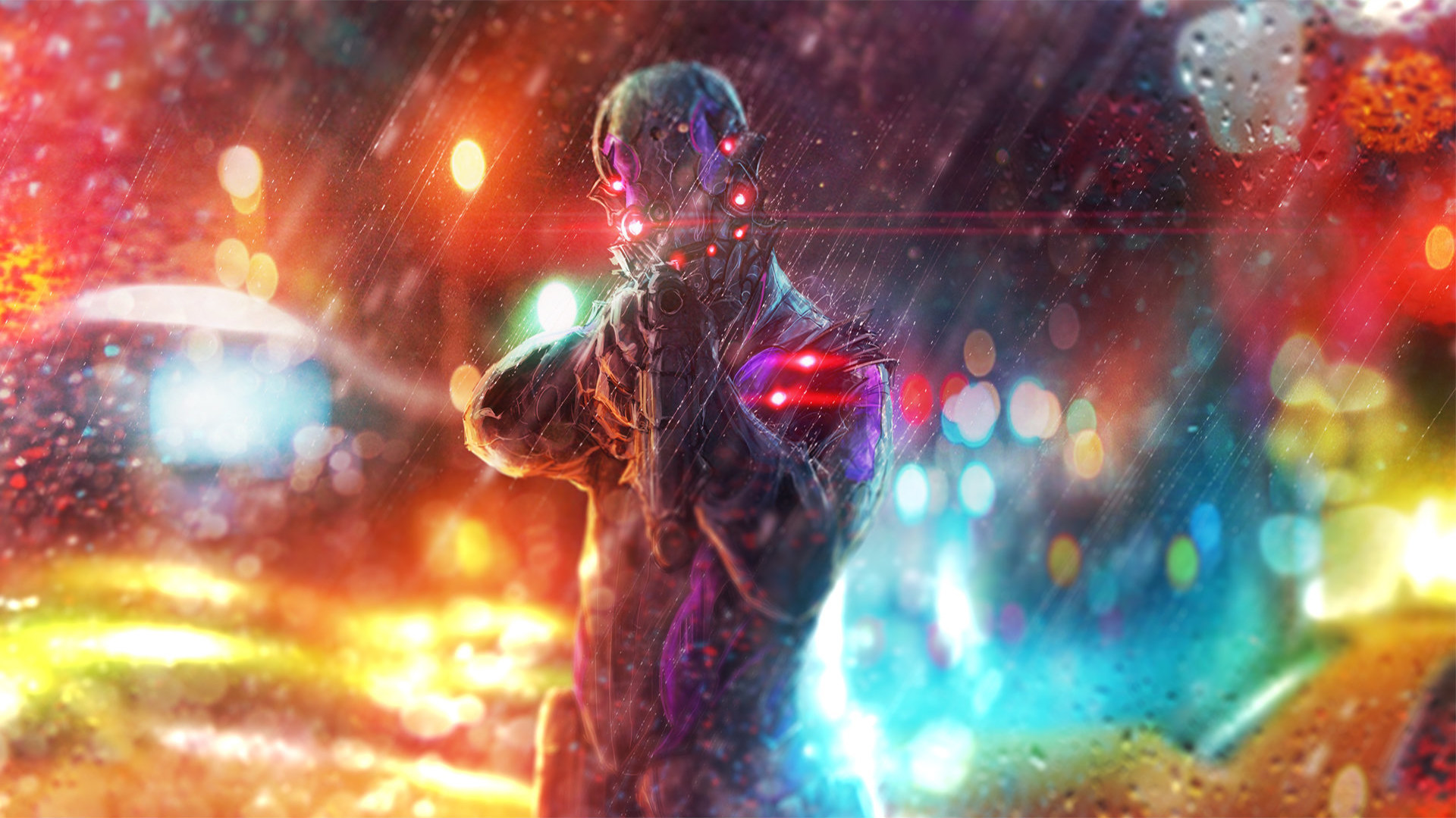 Cyborg, Pioggia, Bokeh, Colori vivaci, Full HD, sfondo Windows 11