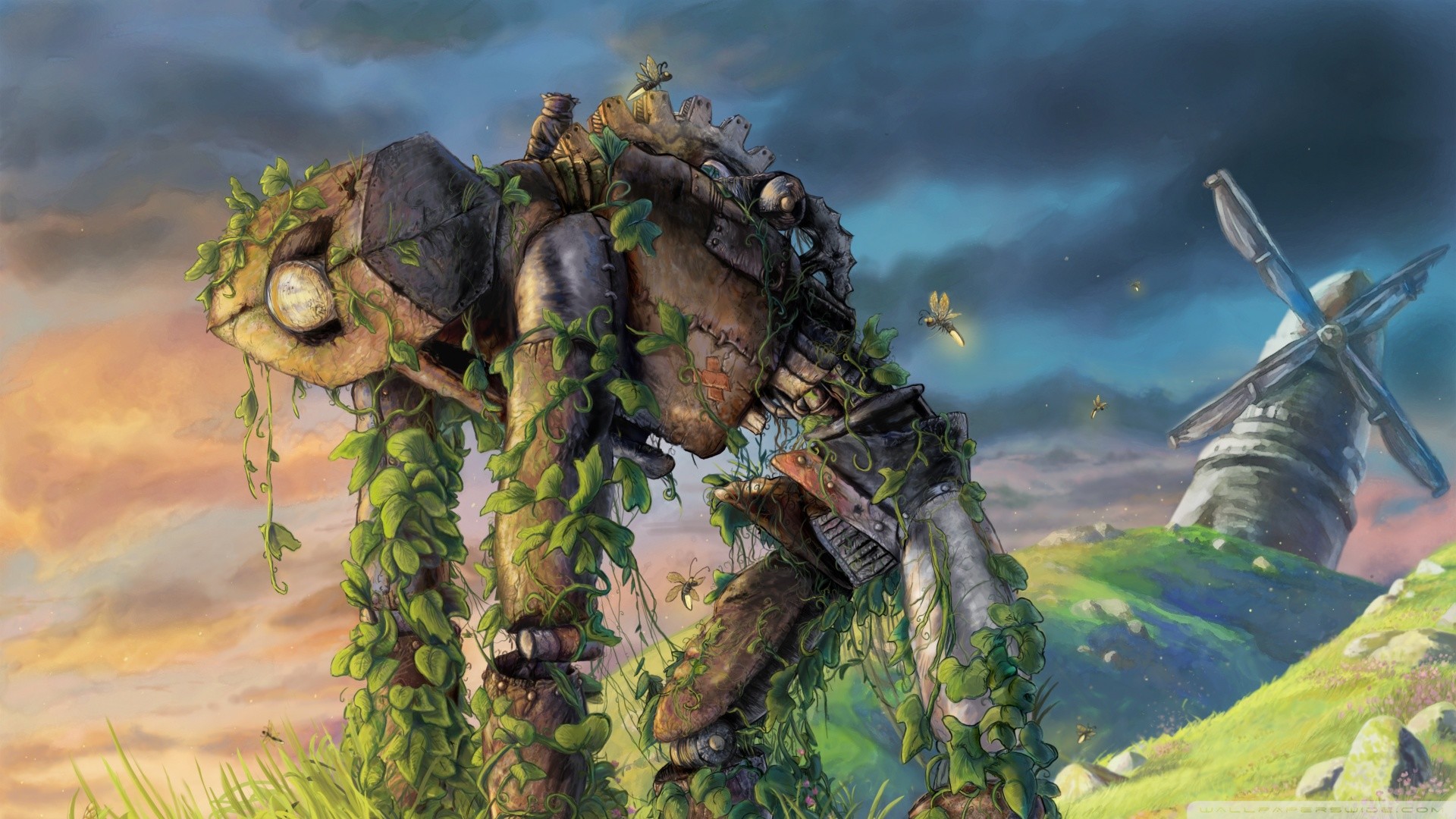 Robot gigante, Rovine, Vegetazione, Mulino a vento, Arte fantasy, sfondo Full HD per portatile