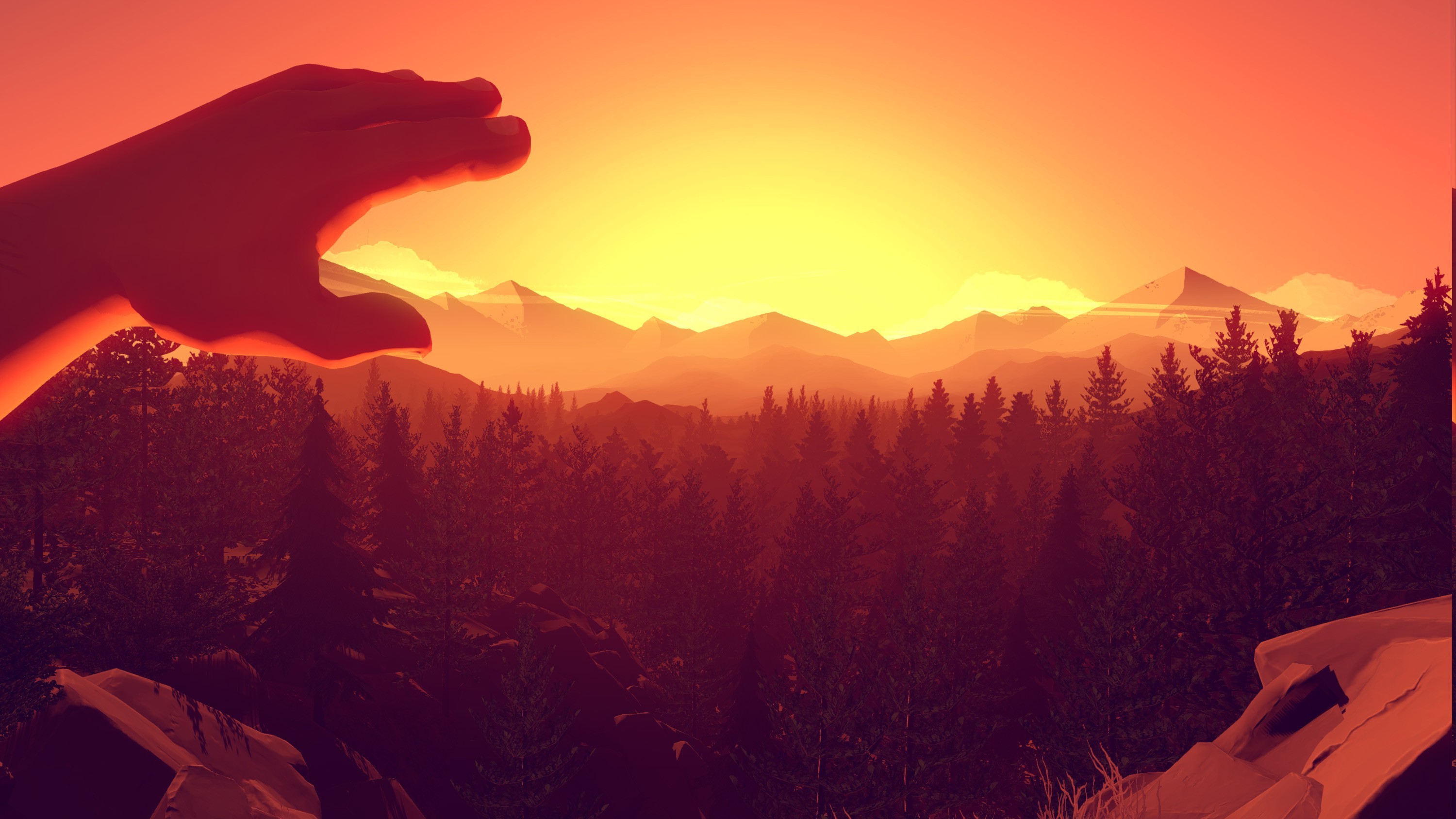 Firewatch, Mano, Tramonto, Foresta, 2K, sfondo per PC e portatile