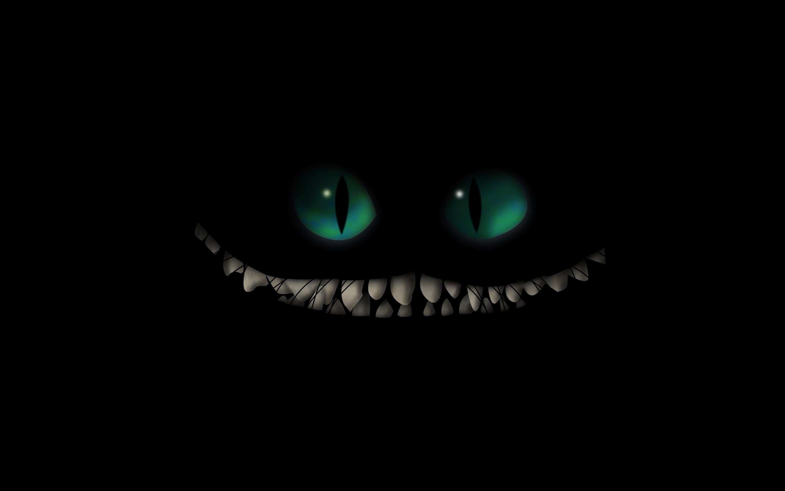 Stregatto, Sorriso, Occhi verdi, Sfondo nero, 2K, wallpaper desktop
