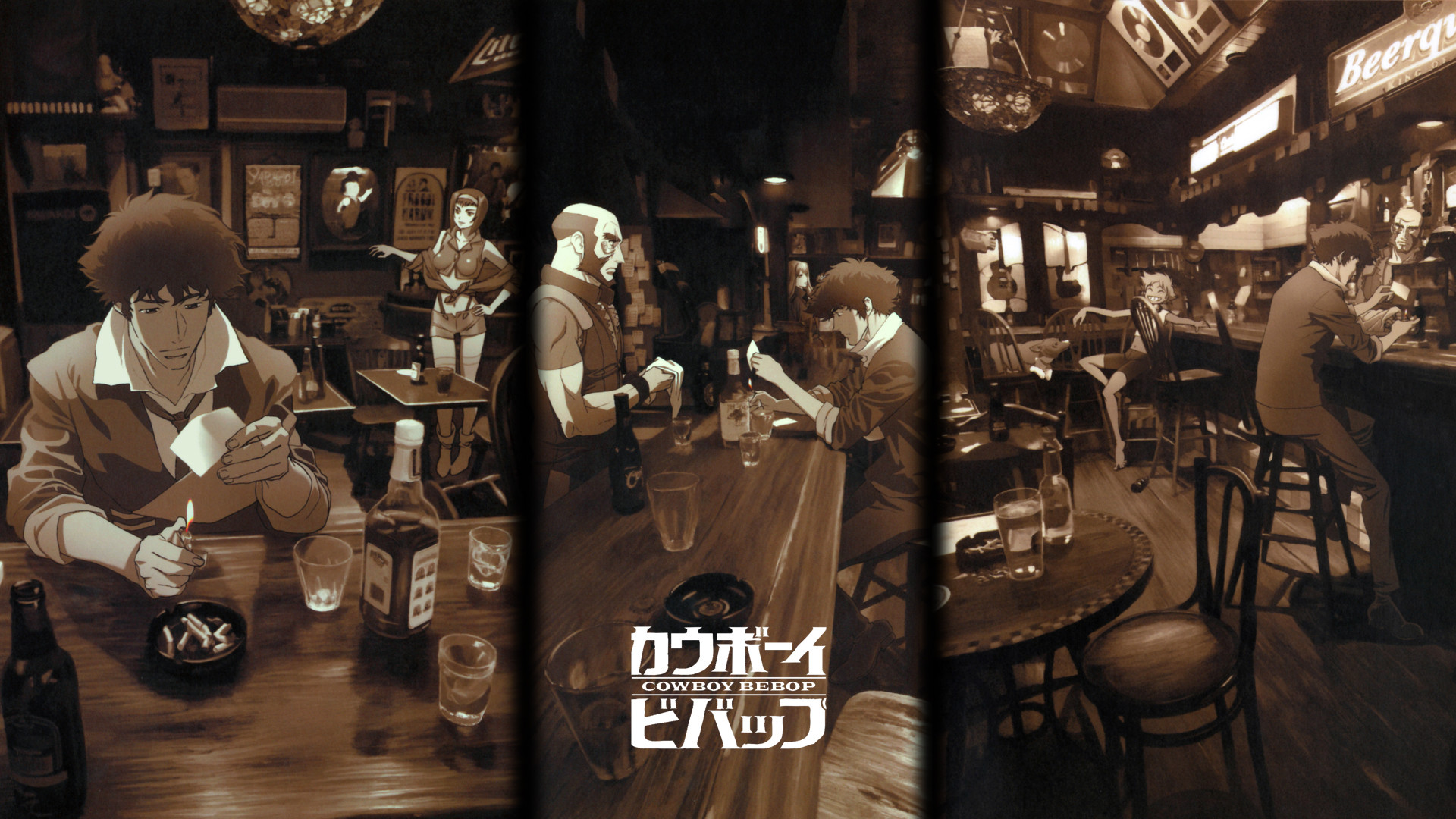 Spike Spiegel, Jet Black, Cowboy Bebop, Bar, Seppia, 1920x1080, immagine di sfondo