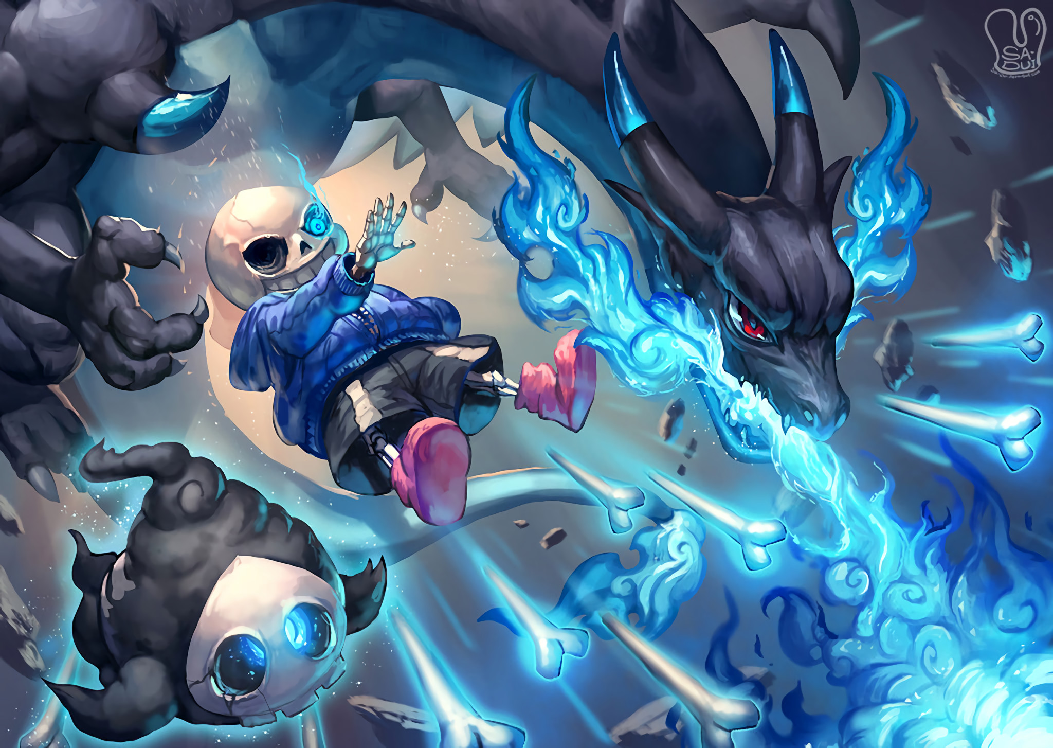 Sans, Undertale, Gaster Blaster, Fiamme blu, Fan art, Full HD, sfondo desktop