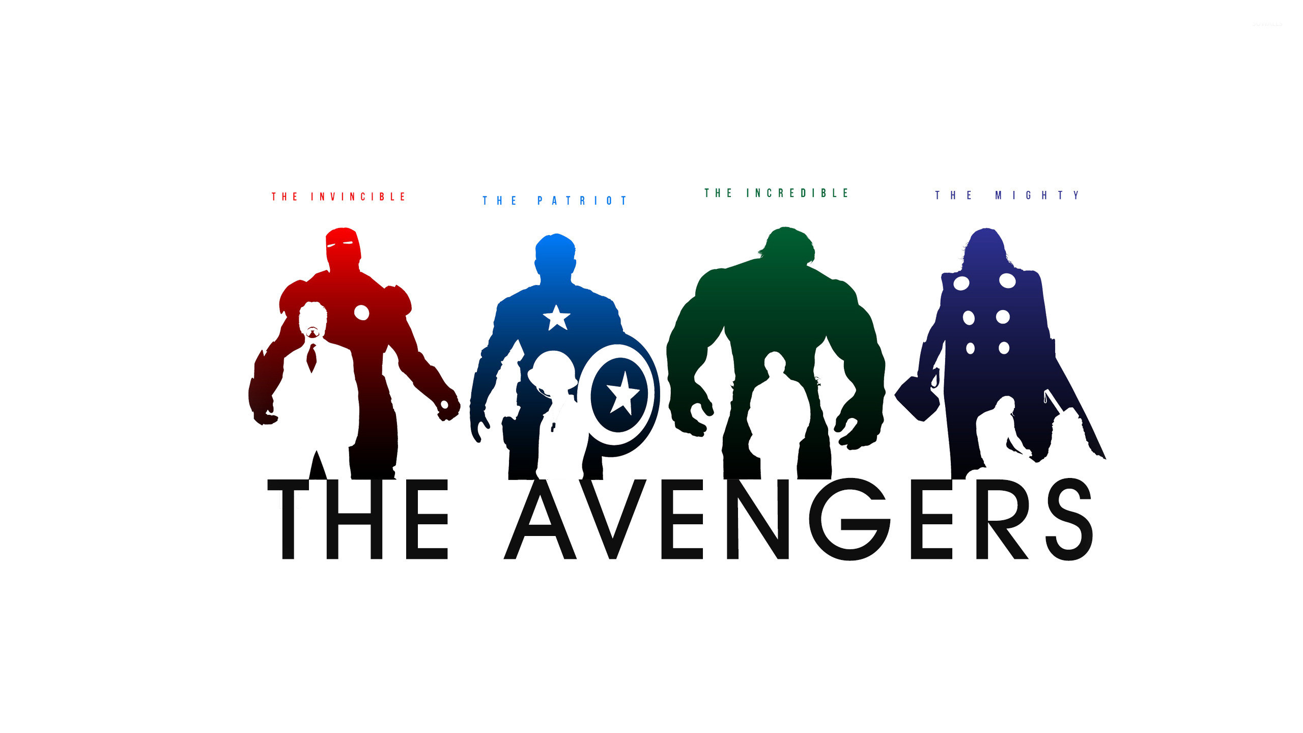 The Avengers, Iron Man, Capitan America, Hulk, Thor, Minimalista, sfondo 16:9 2K