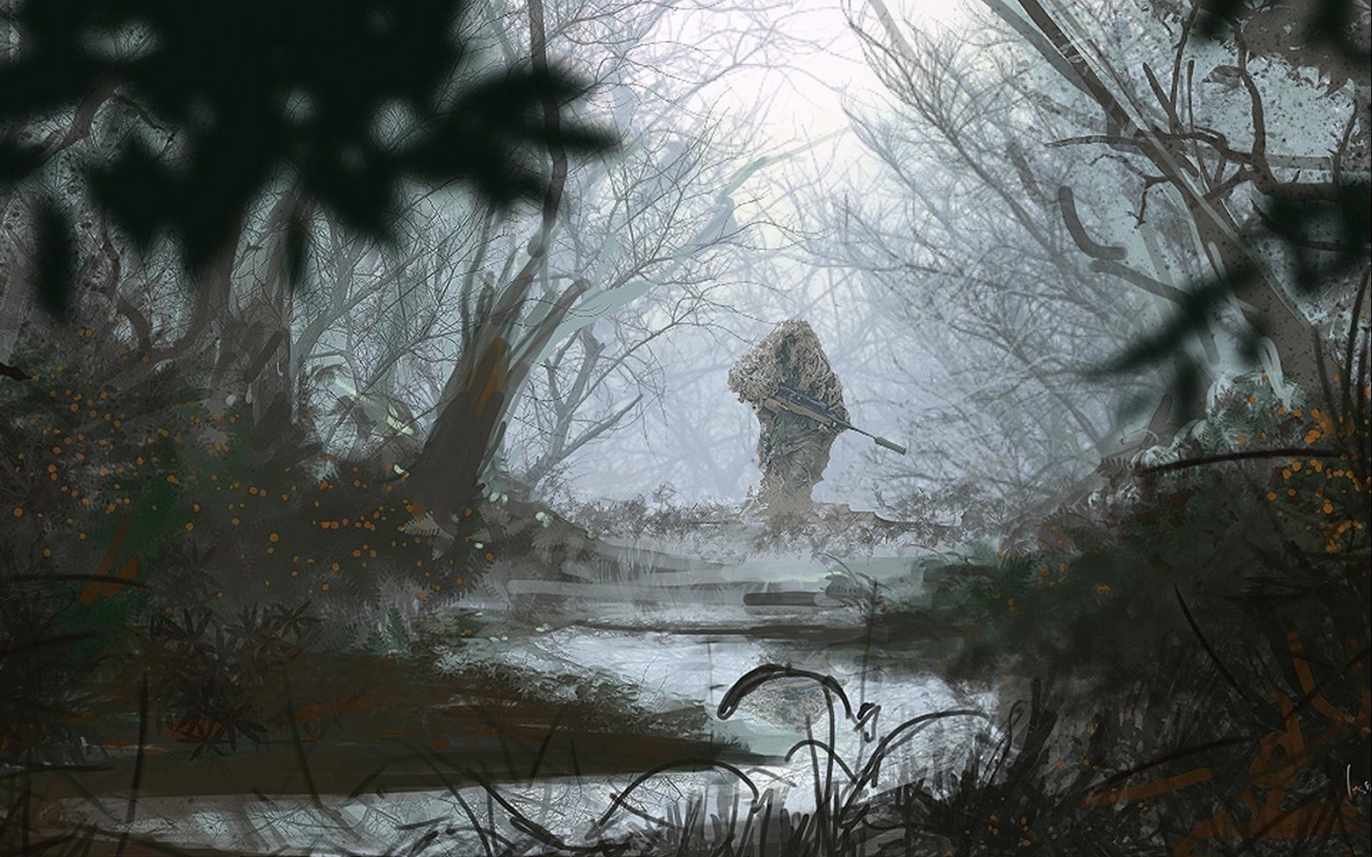 Cecchino, Ghillie suit, Foresta, Nebbia, 16:10 Full HD, sfondo widescreen