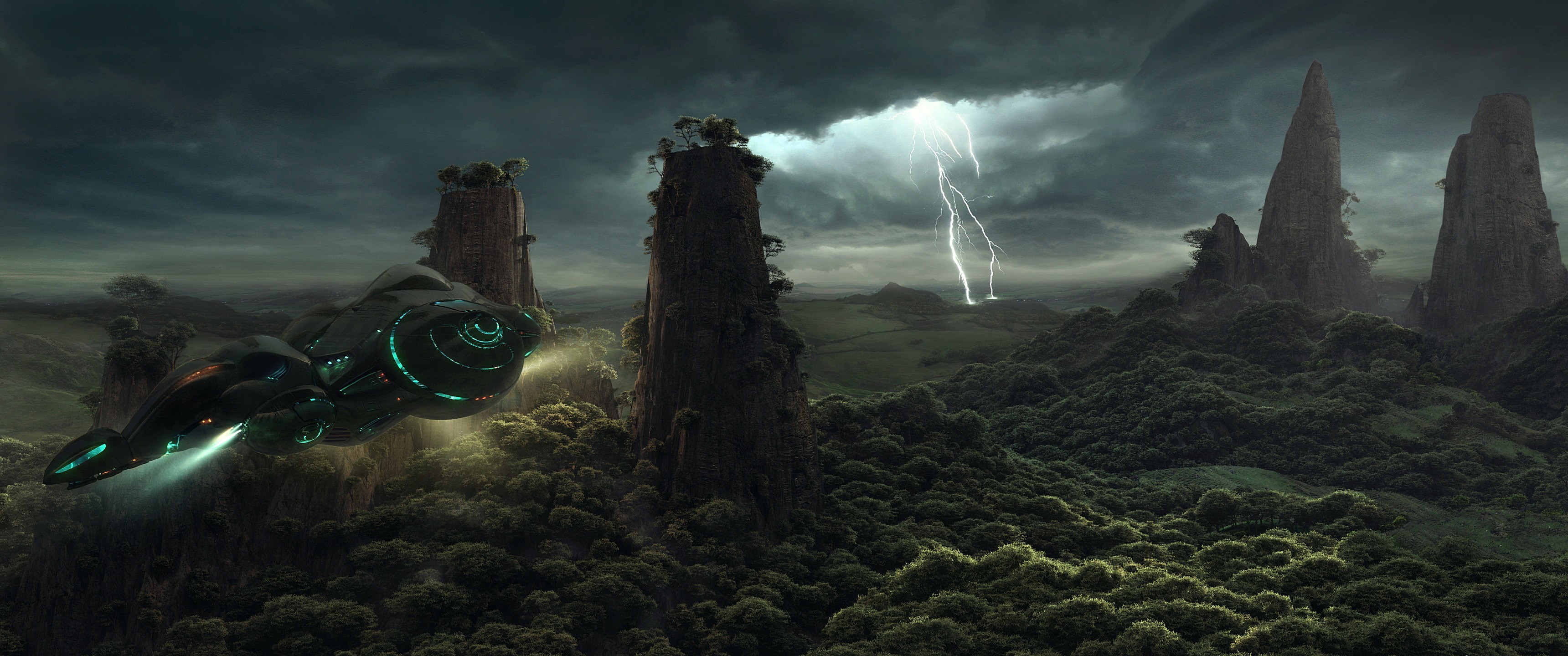 Navicella, Paesaggio alieno, Fulmini, Fantascienza, 3440x1440, sfondo per PC