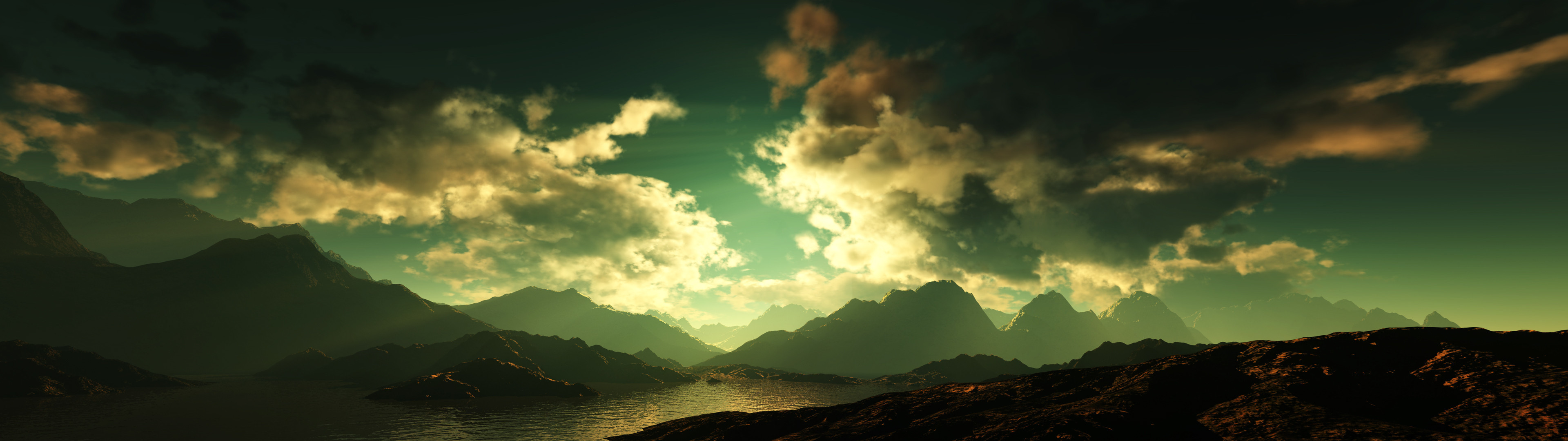 Montagne, Nuvole, Cielo verde, Tramonto, 32:9 Full HD, sfondo widescreen