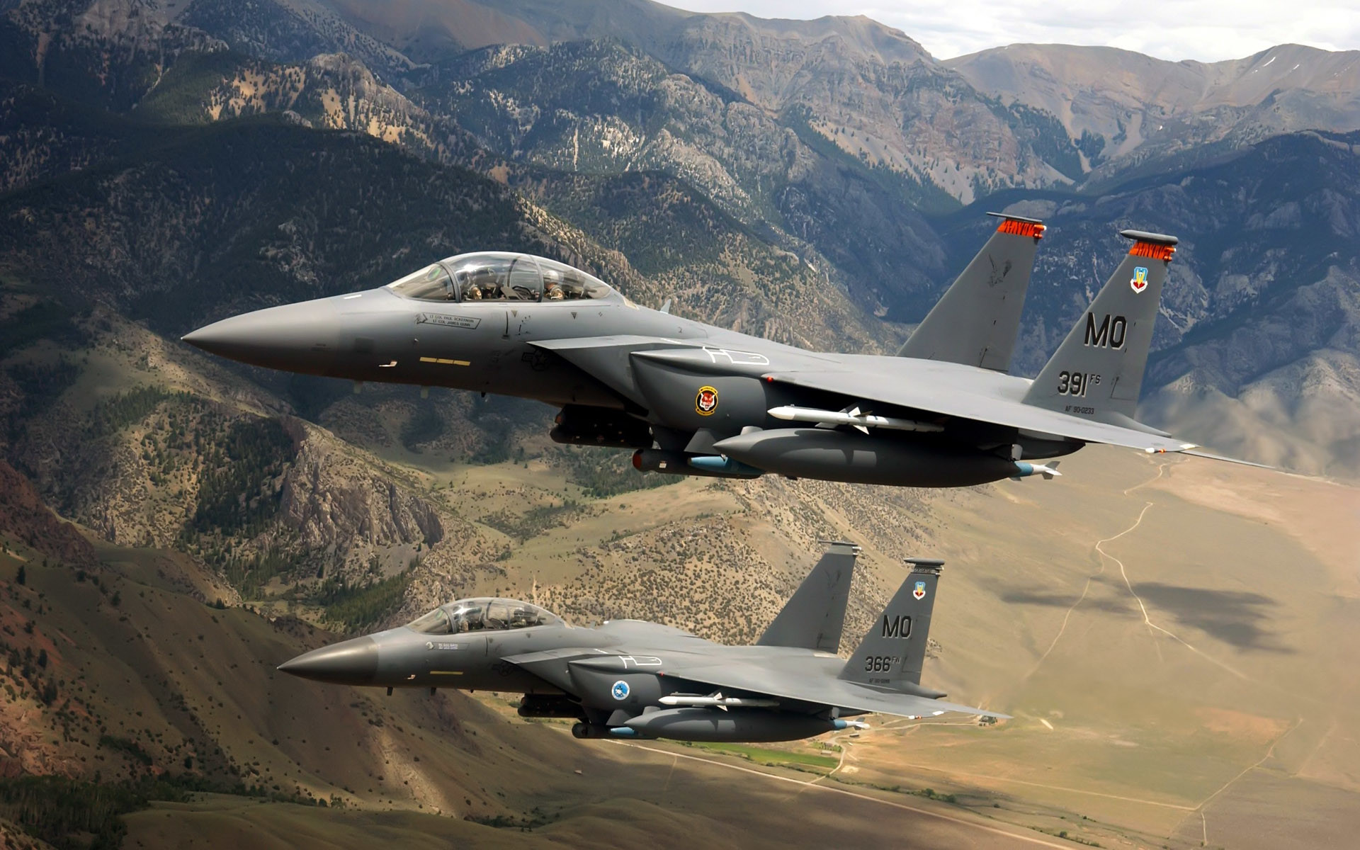 F-15E Strike Eagle, Caccia, Montagne, Volo in formazione, 16:10 Full HD, sfondo widescreen
