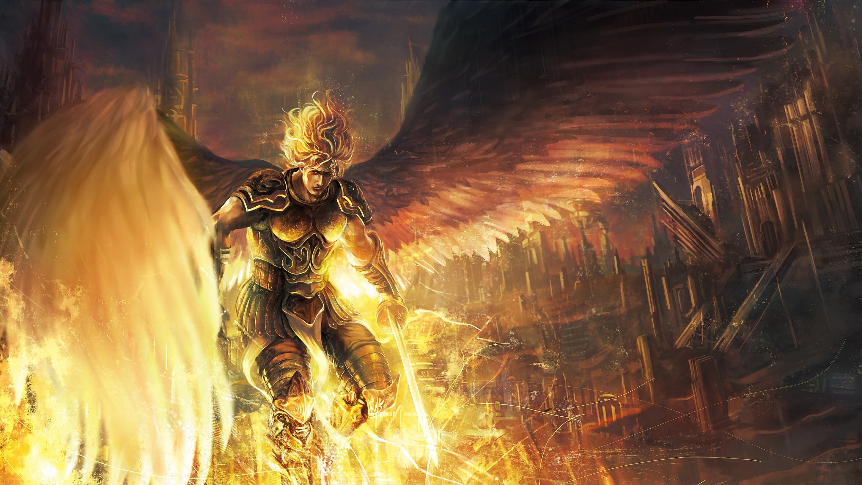 Angelo guerriero, Ali di fuoco, Armatura, Fantasy, 2K, wallpaper per portatile