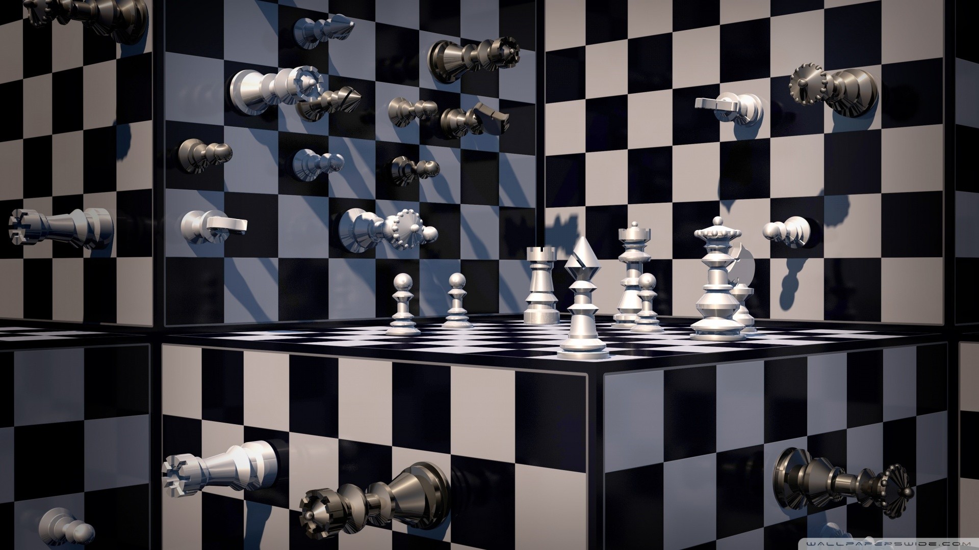 Scacchiera, Stanza a scacchi, Pezzi sulle pareti, Surrealismo, Full HD, sfondo Windows 11