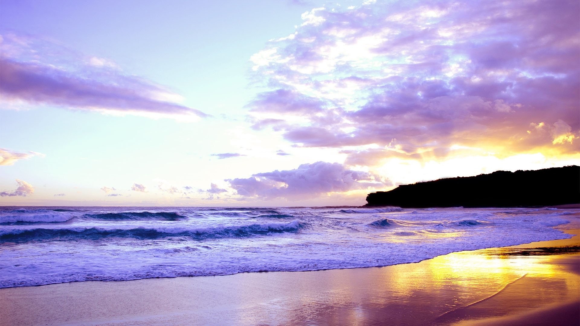 Spiaggia, Onde, Tramonto, Cielo viola, 1920x1080, sfondo per PC