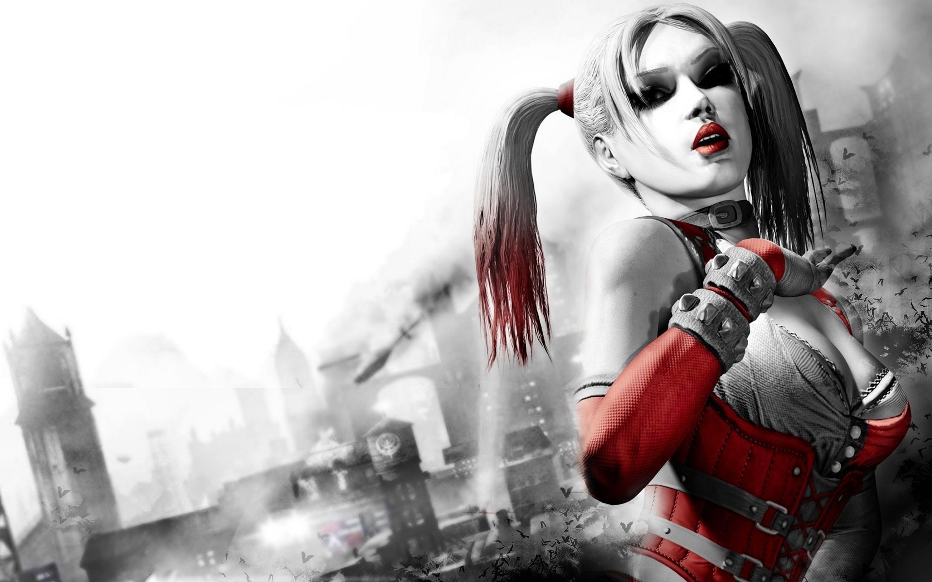 Harley Quinn, Batman: Arkham City, Gotham City, Bianco e rosso, 16:10 Full HD, sfondo widescreen