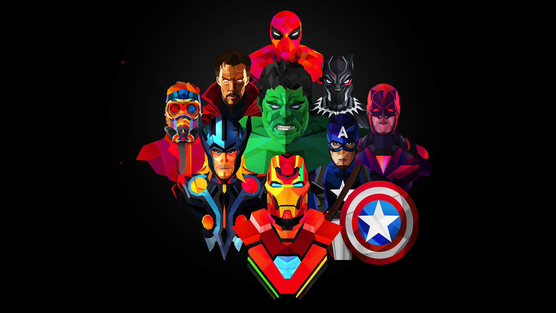 Avengers, Marvel, Iron Man, Hulk, Capitan America, Spider-Man, Low poly, sfondo per portatile