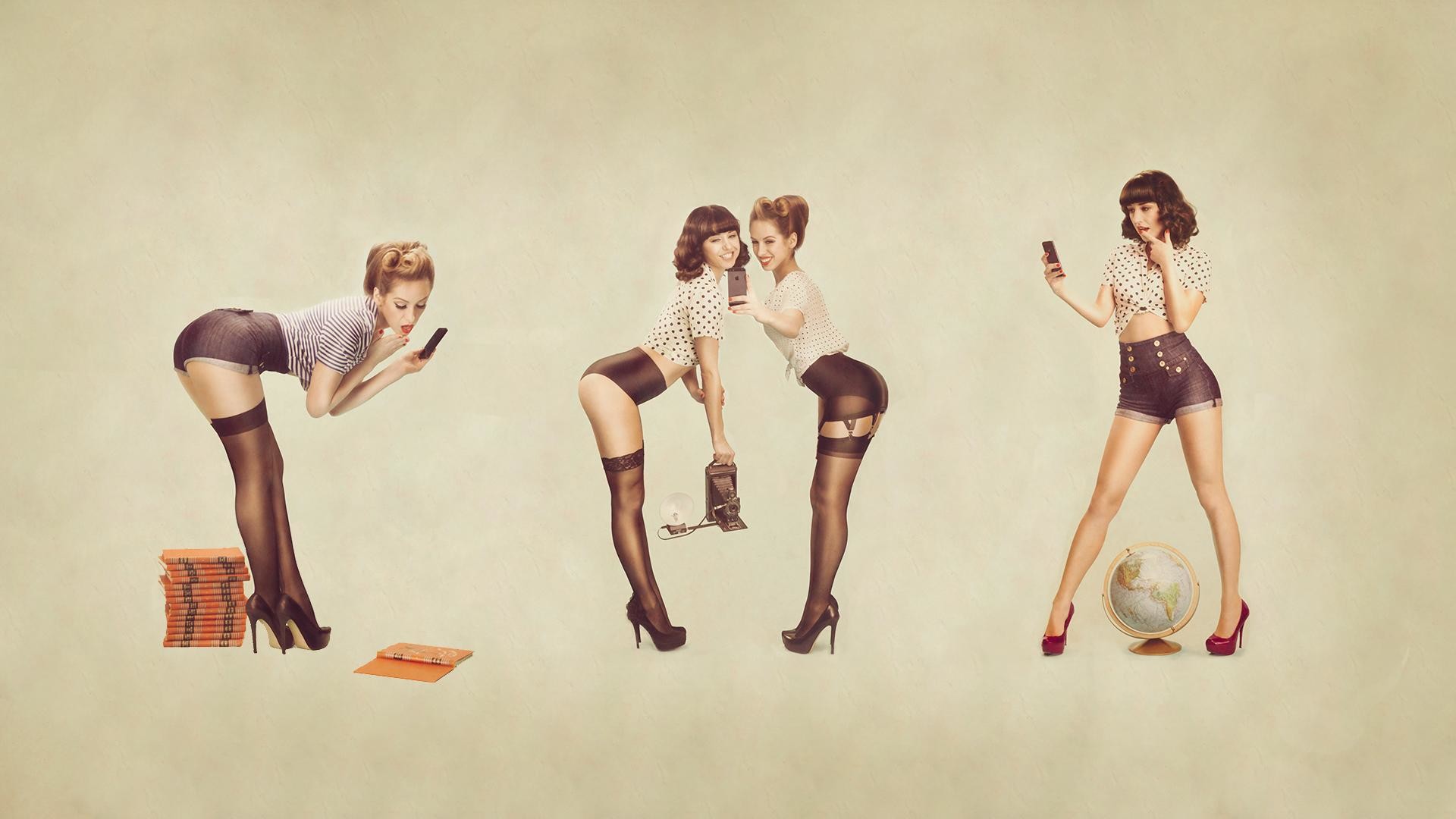 Pin-up, Calze a rete, Stile vintage, Ragazze, Fotografia retrò, Full HD 1080p, sfondo desktop
