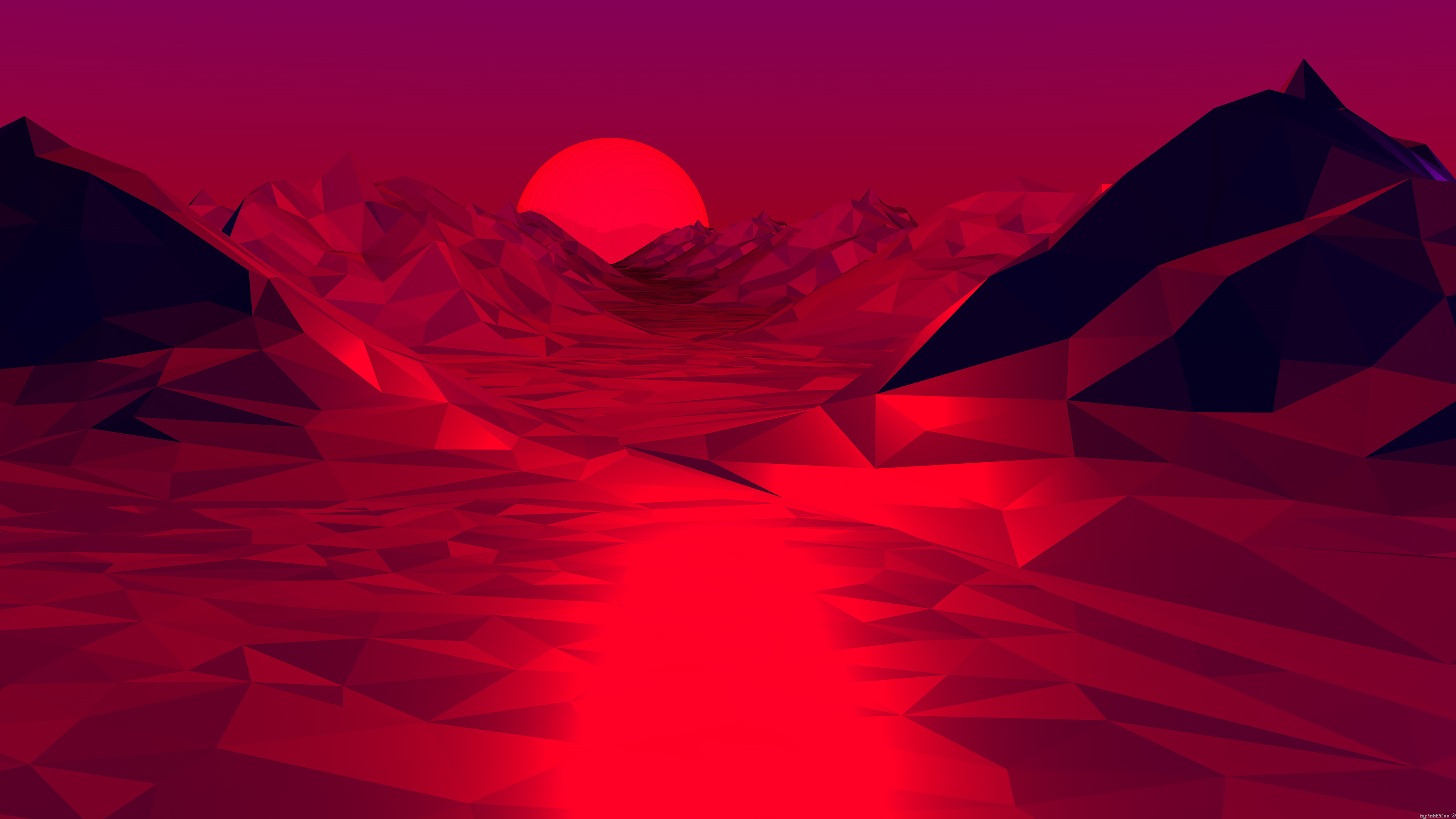 Montagne low poly, Sole, Rosso, 4K, sfondo per portatile