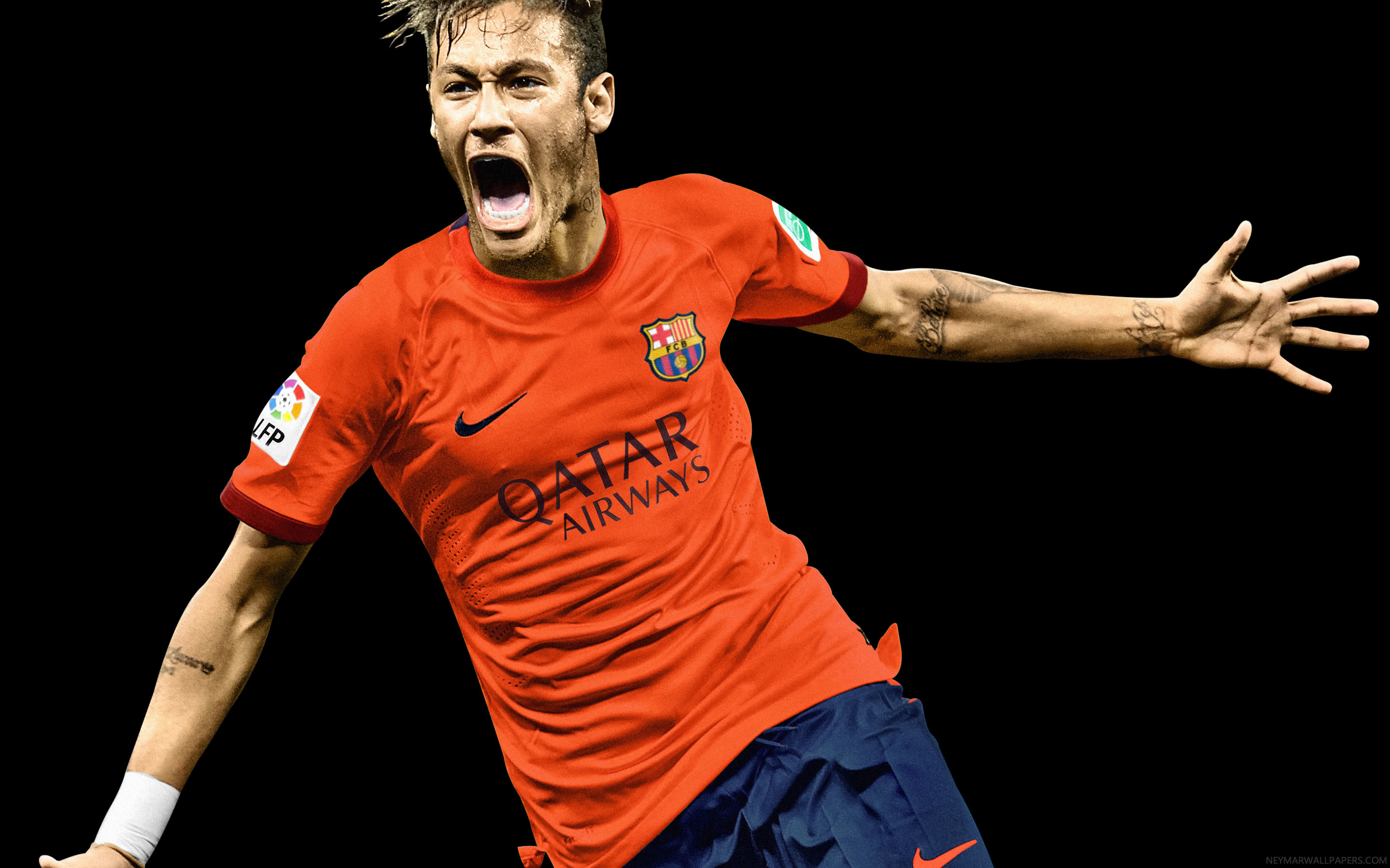 Neymar, FC Barcelona, Maglia arancione, Esultanza, Sfondo nero, 2K, wallpaper per portatile