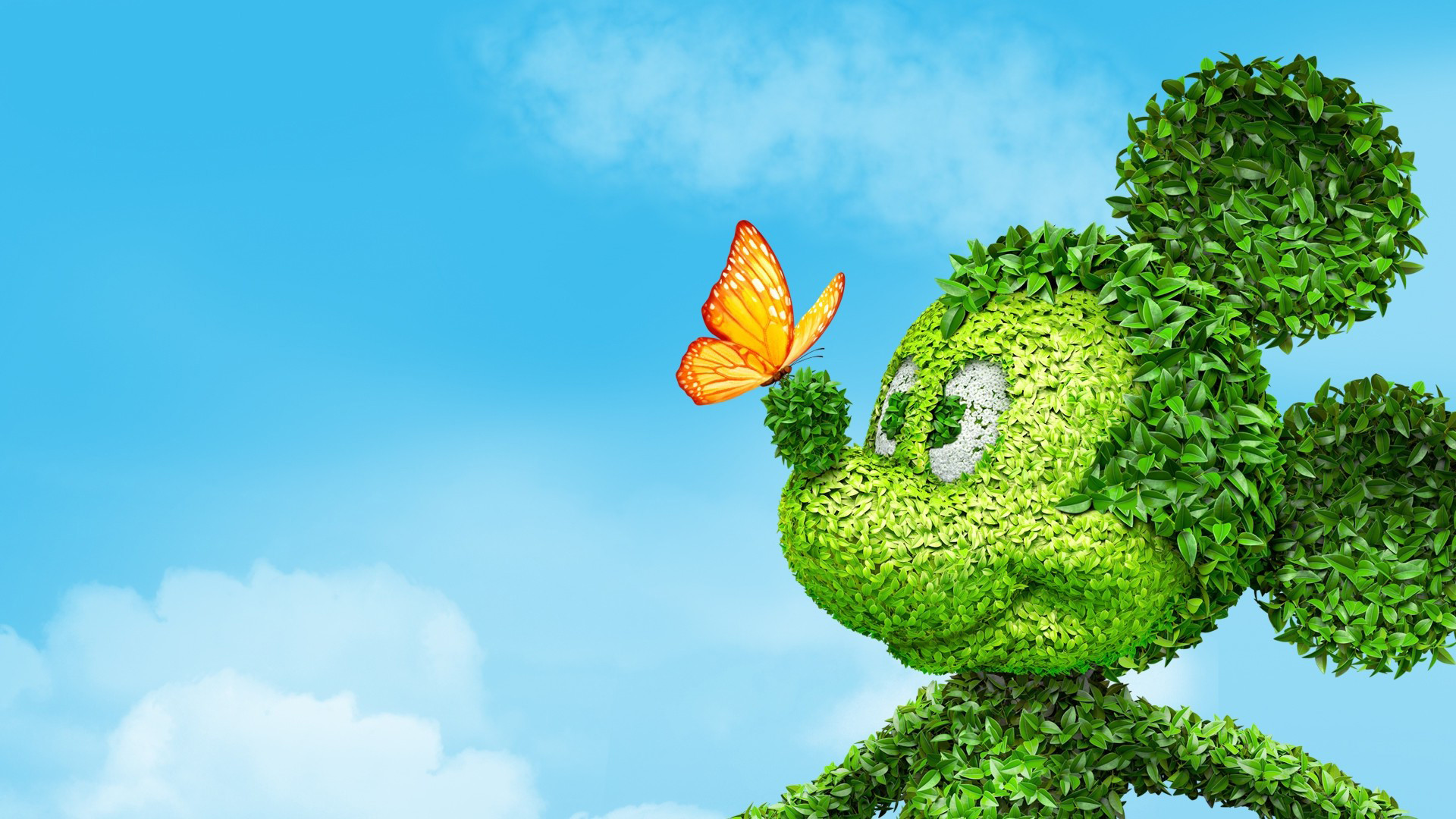 Topolino, Siepe, Topiaria, Farfalla, Cielo, 16:9 Full HD, sfondo widescreen