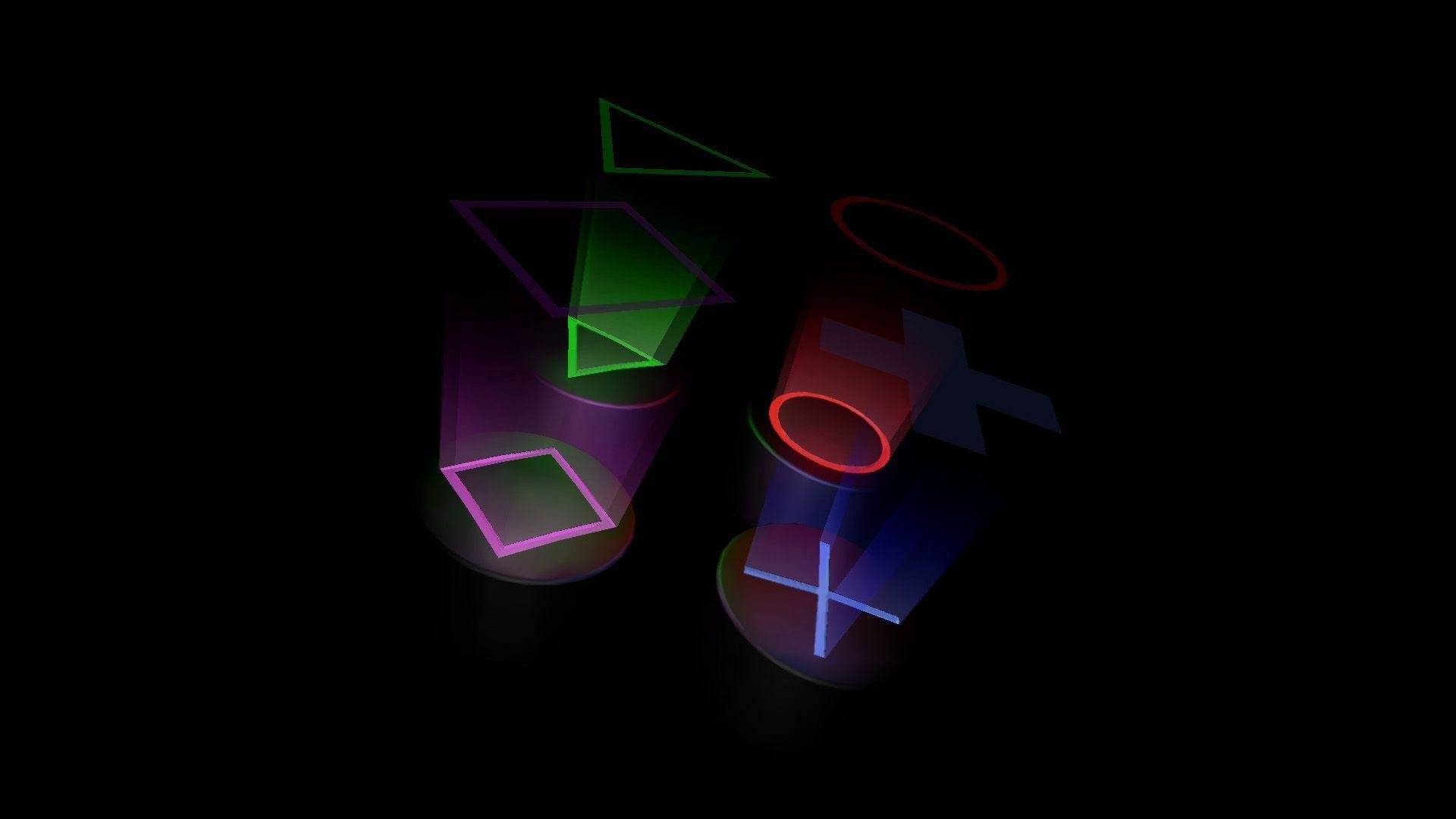PlayStation, Simboli PlayStation, 3D, Sfondo nero, Full HD, wallpaper per portatile