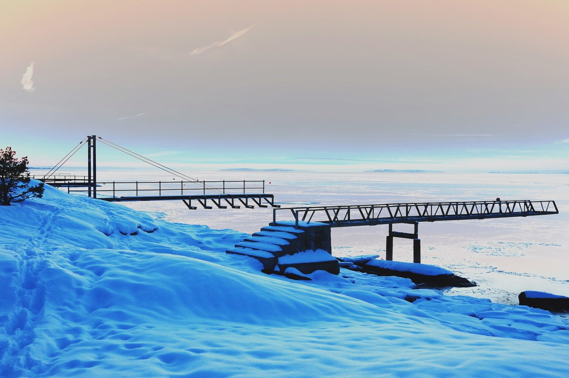 Pontile, Ghiaccio, Mare ghiacciato, Blu, Full HD, sfondo Windows 11