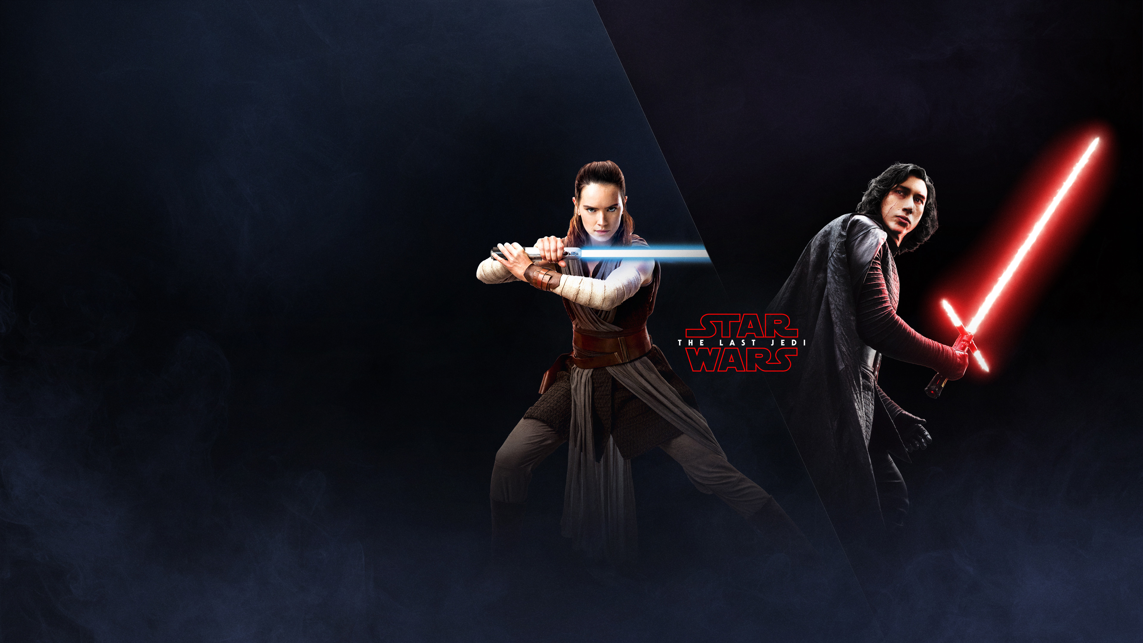 Kylo Ren, Rey, Star Wars: Gli ultimi Jedi, Spade laser, Sfondo blu scuro, 4K Ultra HD