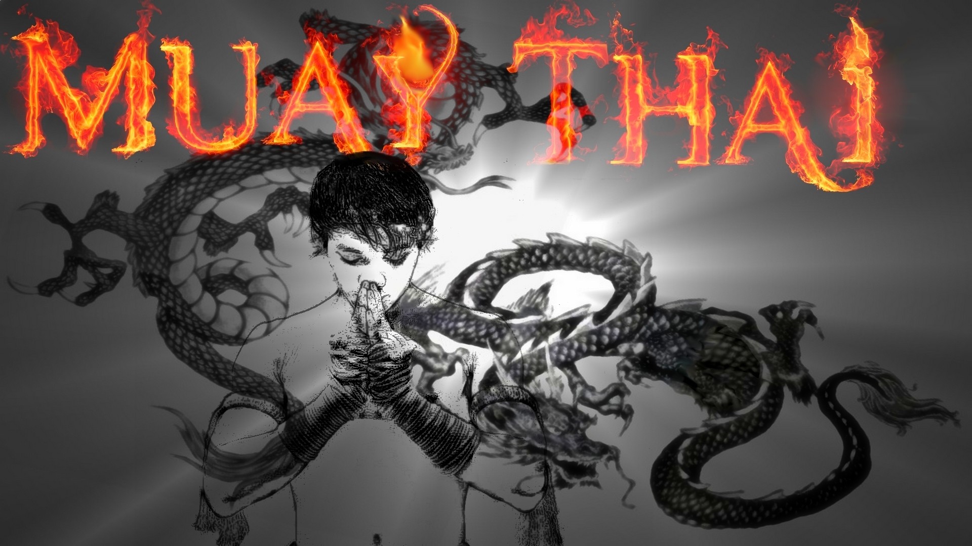 Muay Thai, Drago, Tipografia, Fiamme, Full HD, sfondo per PC e portatile