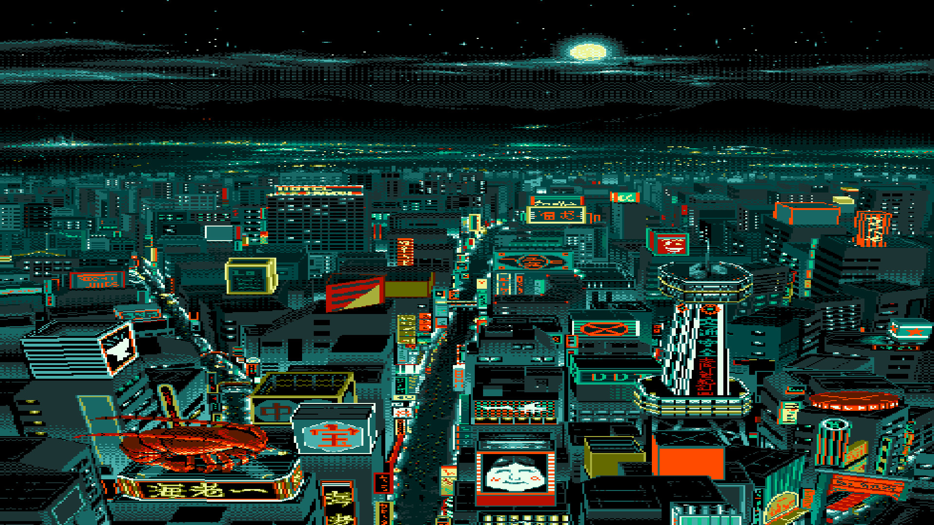 Pixel art, Città cyberpunk, Notte, Luna, Full HD, sfondo per PC