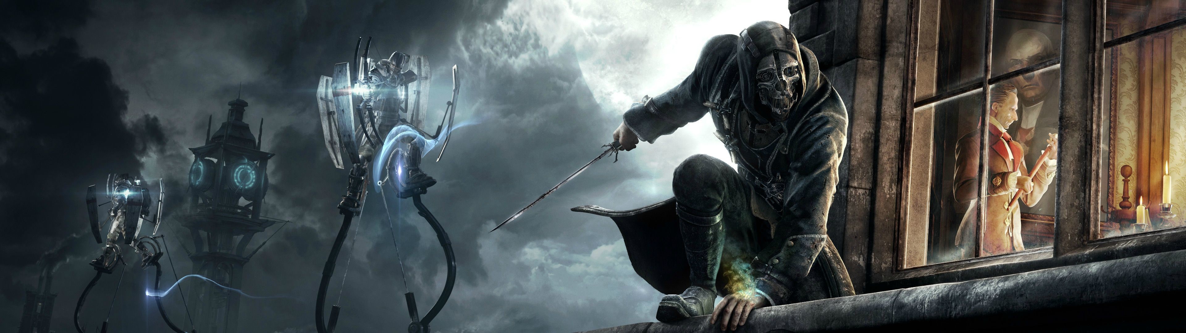Corvo Attano, Dishonored, Muro di luce, Finestra, Nuvole, doppio schermo, sfondo Full HD