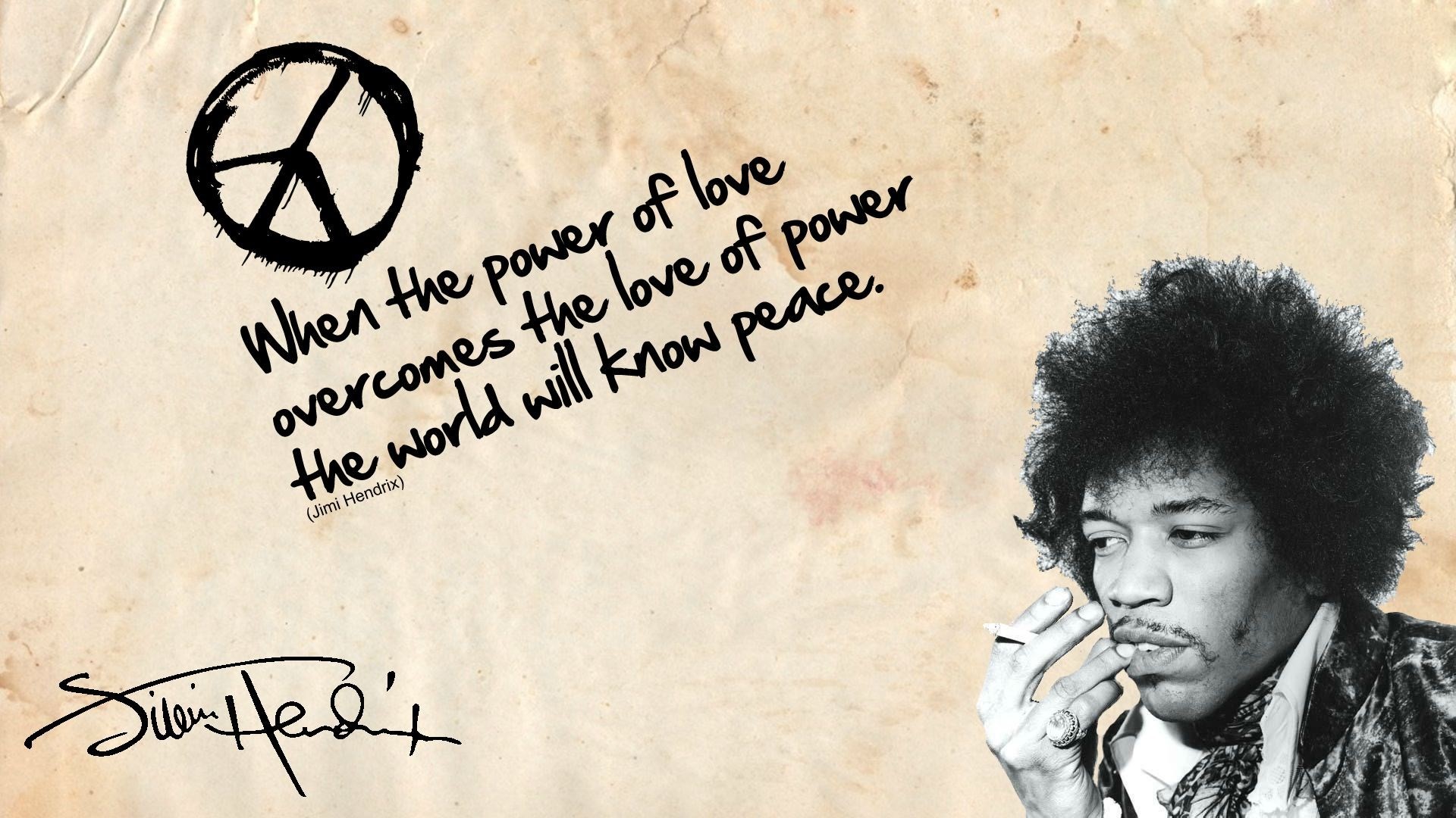 Jimi Hendrix, Citazione, Simbolo della pace, Autografo, Sigaretta, Carta invecchiata, sfondo per PC