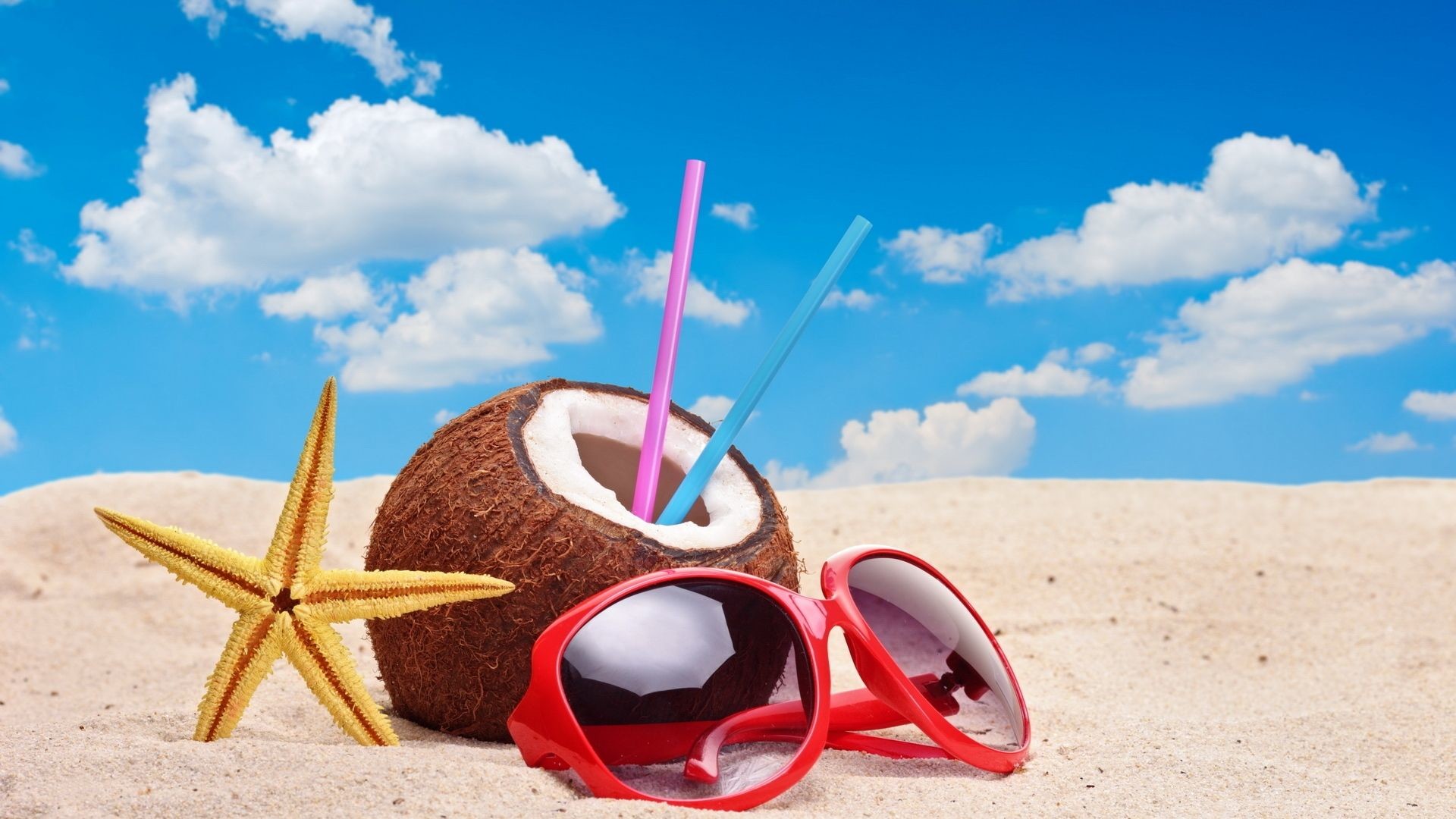 Noce di cocco, Occhiali da sole, Stella marina, Sabbia, Estate, Full HD, sfondo per PC e portatile