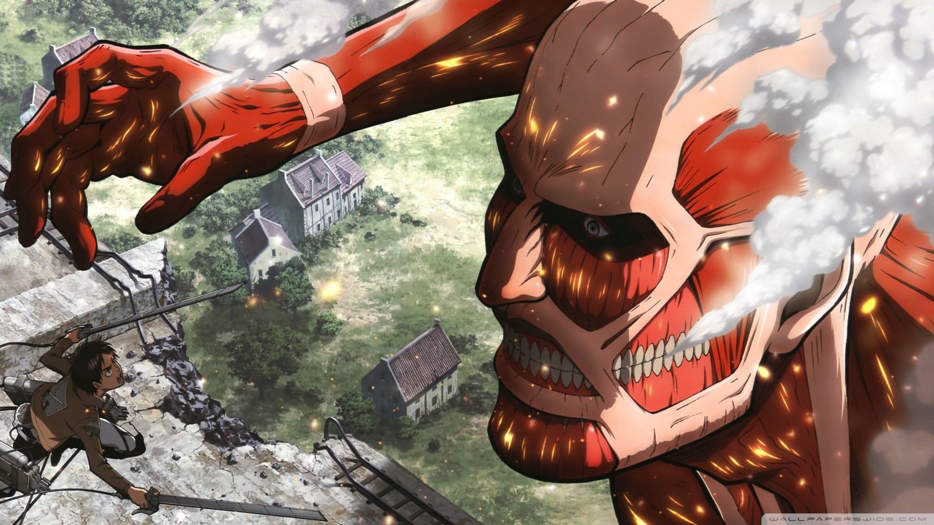 Gigante colossale, L'attacco dei giganti, Eren Jaeger, Villaggio, Vista dall'alto, immagine di sfondo