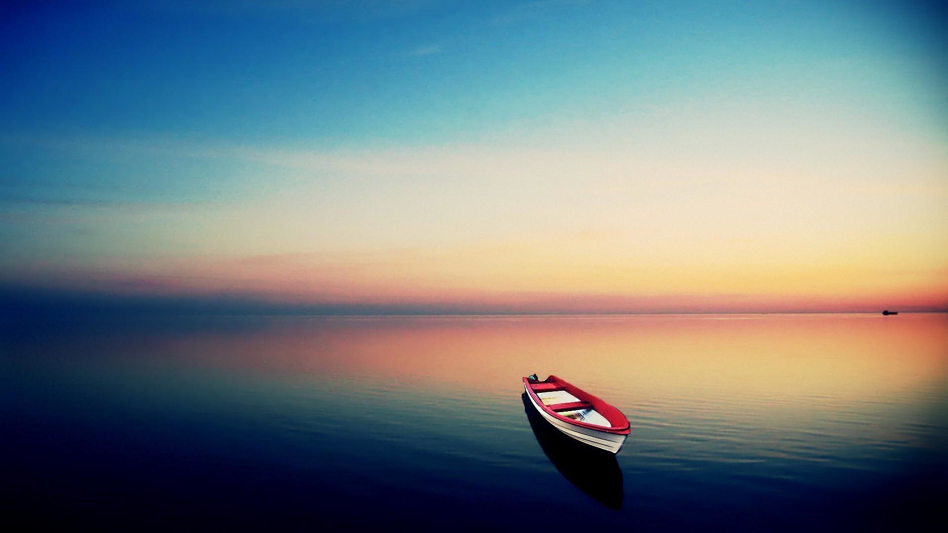 Barca, Mare calmo, Tramonto, Minimalismo, Full HD, sfondo Windows 11