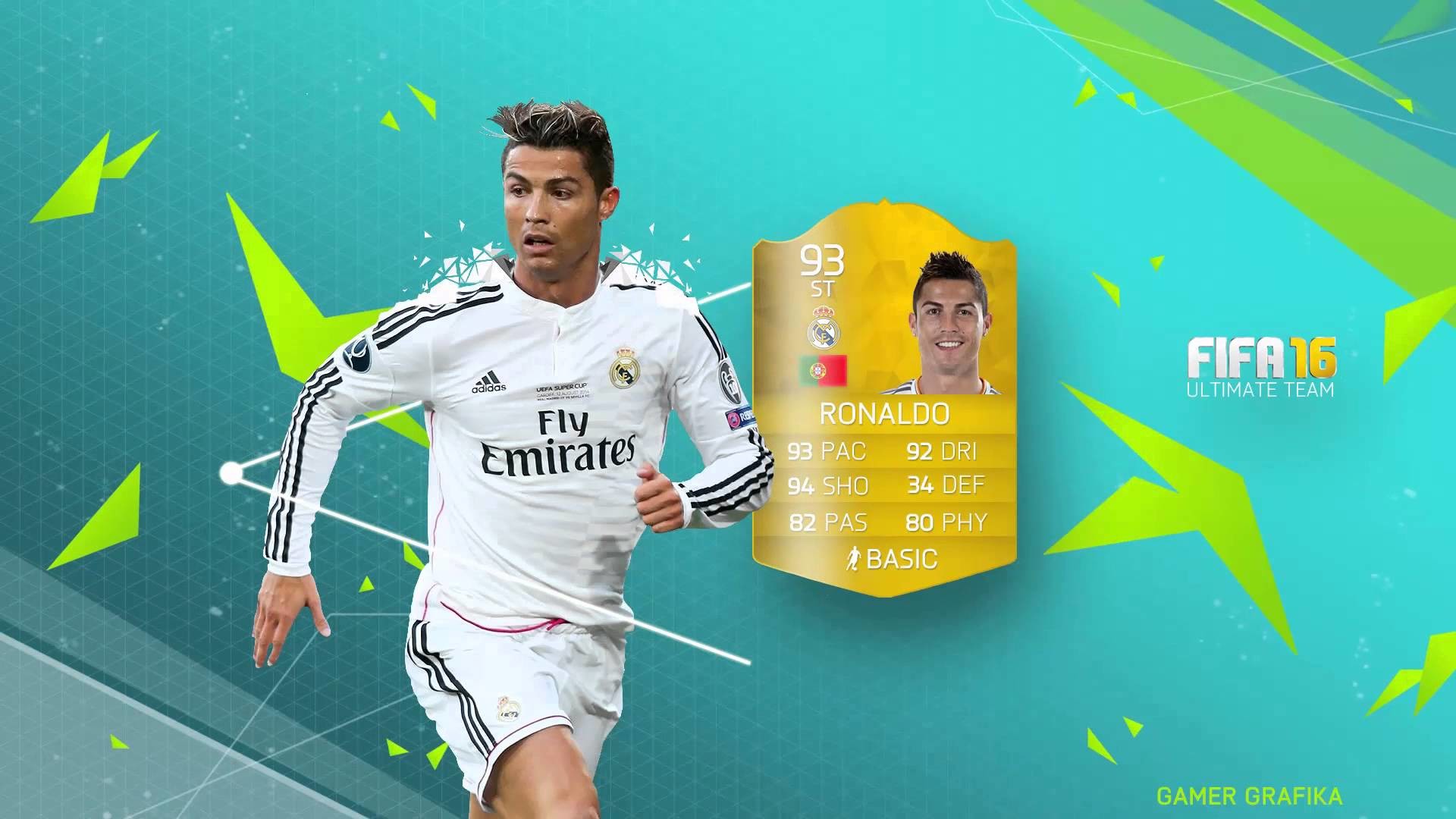 Cristiano Ronaldo, Real Madrid, FIFA 16 Ultimate Team, Card, Turchese, wallpaper 1920x1080