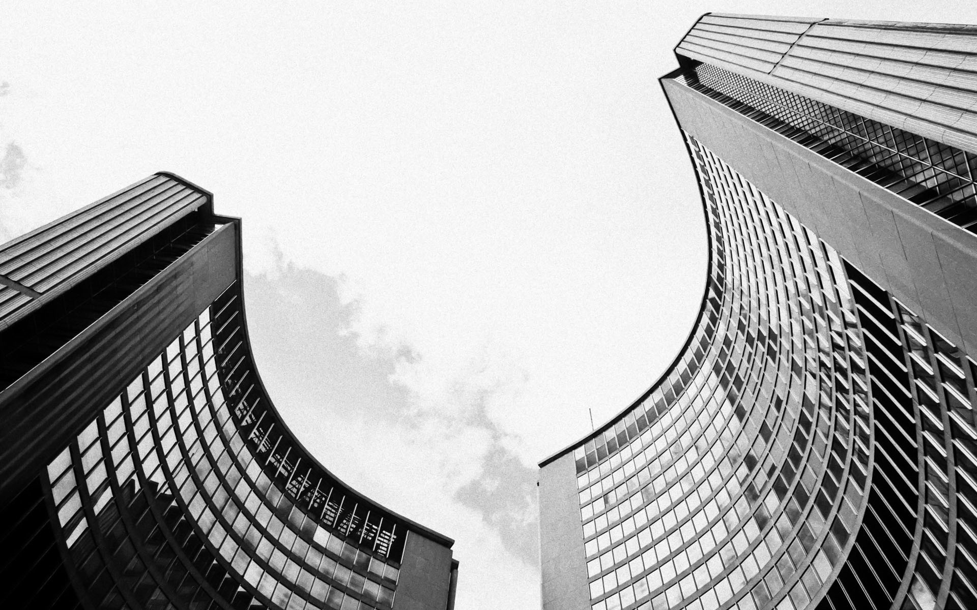 Grattacieli, Vista dal basso, Bianco e nero, Curve, 1920x1200, wallpaper desktop