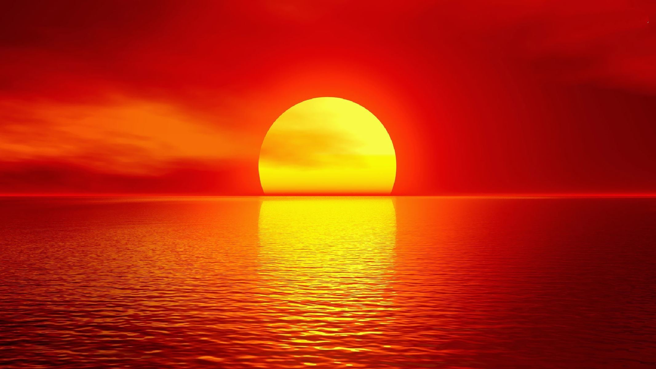 Sole rosso, Tramonto sul mare, Riflesso, Rosso, 16:9 Full HD, wallpaper widescreen