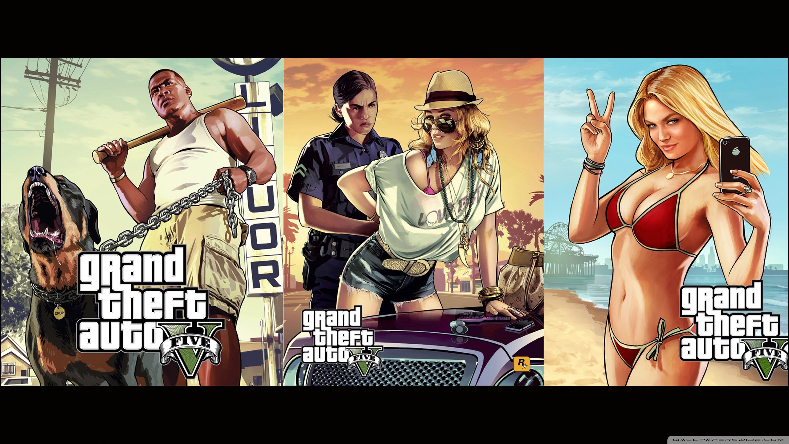 Franklin Clinton, Chop, Grand Theft Auto V, Trittico, Bikini, 2K 1440p, sfondo desktop