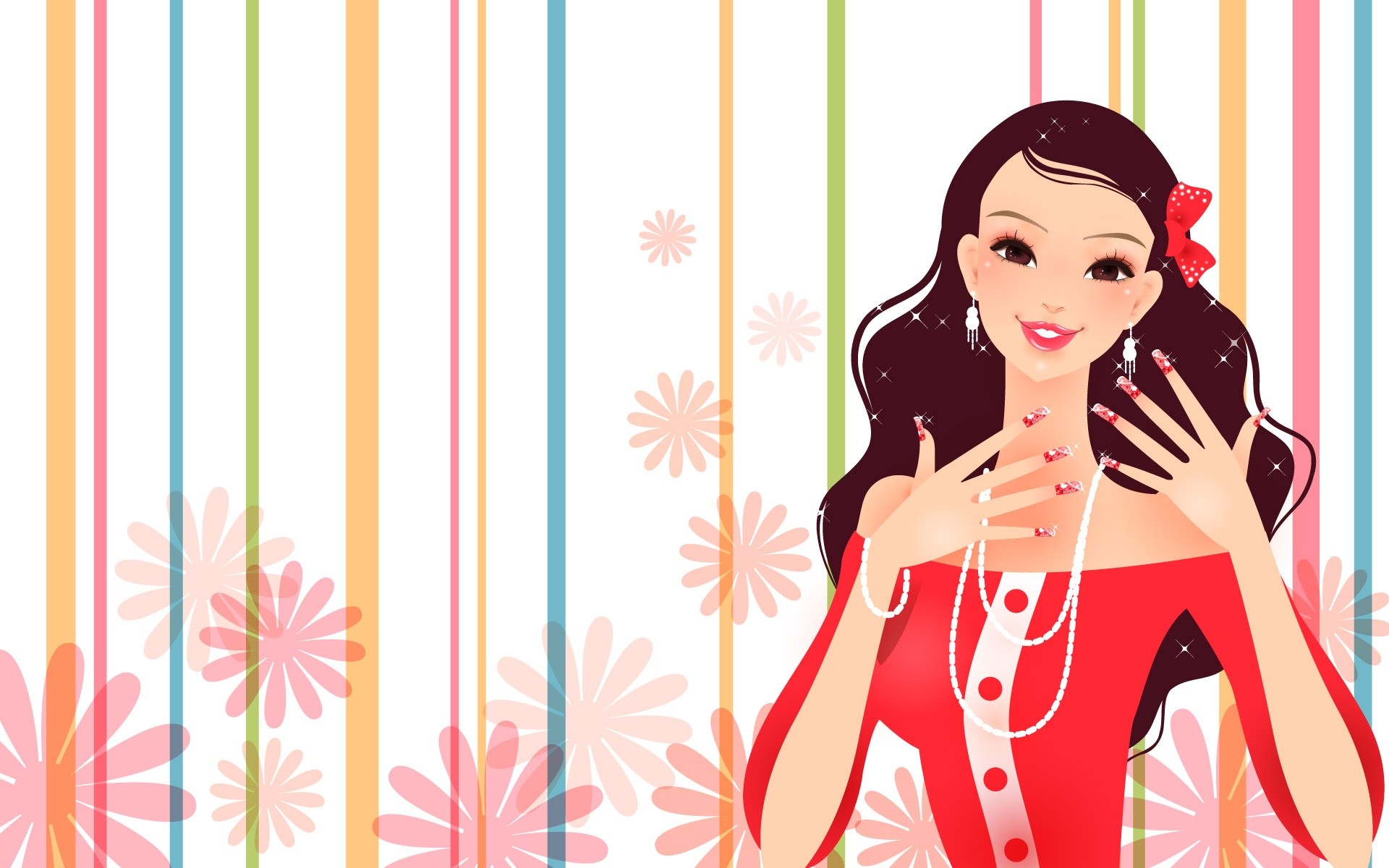 Ragazza alla moda, Illustrazione, Abito rosso, Strisce colorate, sfondo Windows 11