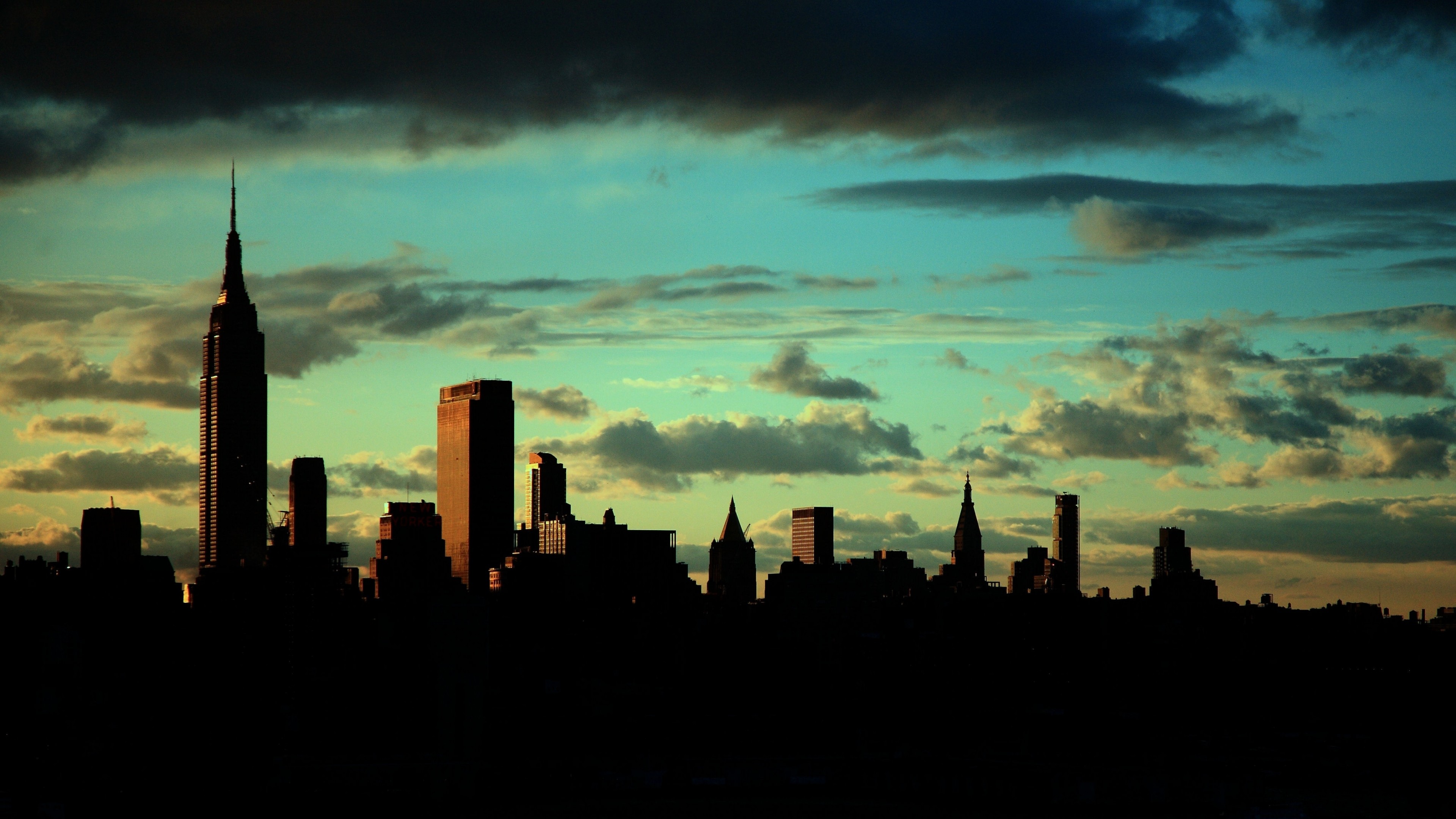 Empire State Building, New York, Silhouette, Nuvole, Crepuscolo, sfondo 16:9 4K