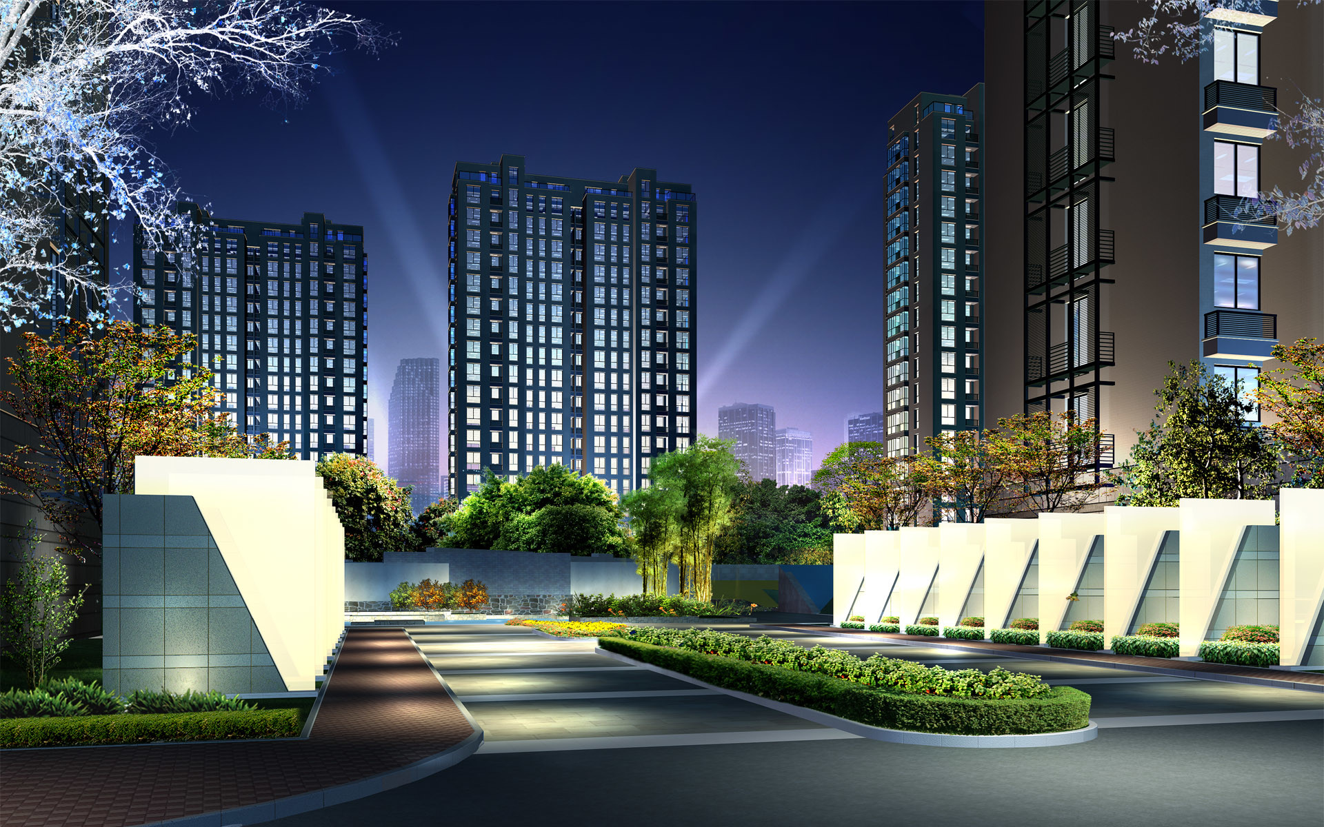 Architettura moderna, Complesso residenziale, Rendering, Notte, 1920x1200, sfondo per PC
