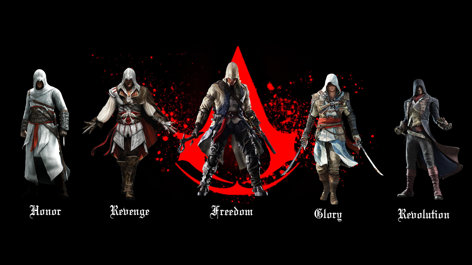 Assassin's Creed, Altaïr, Ezio Auditore, Connor Kenway, Edward Kenway, Arno Dorian, Sfondo nero, wallpaper Full HD