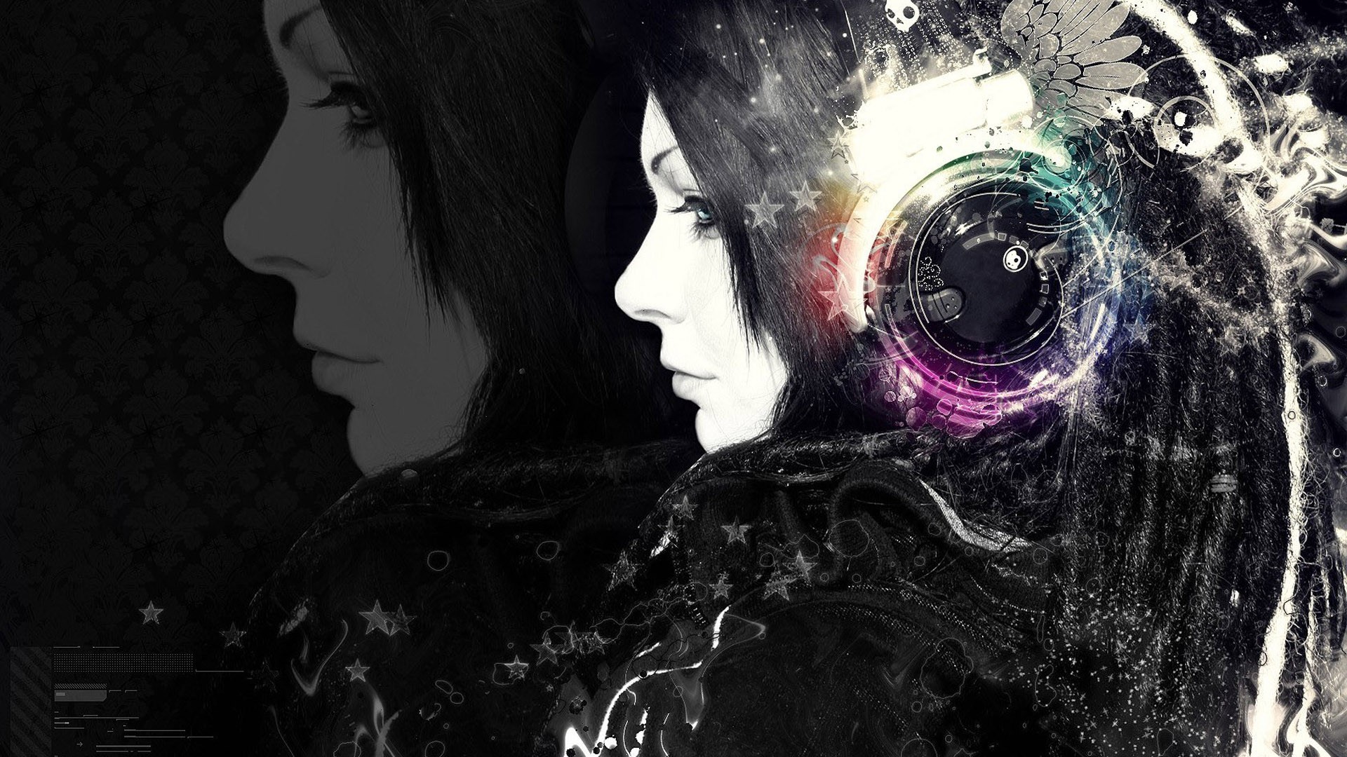 Ragazza, Cuffie, Profilo, Arte digitale, Full HD, sfondo per PC