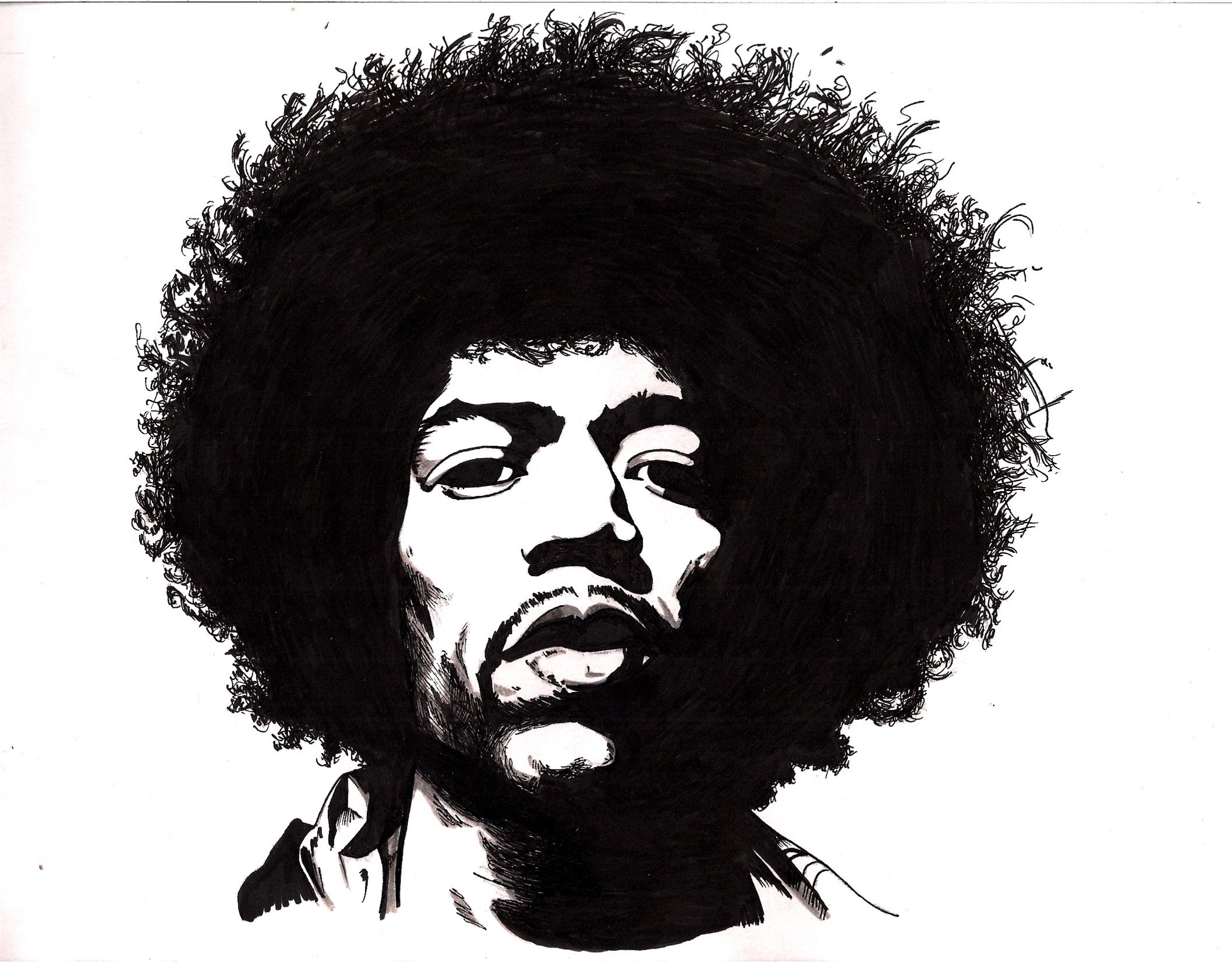 Jimi Hendrix, Capelli afro, Bianco e nero, Ritratto, Illustrazione, sfondo per portatile