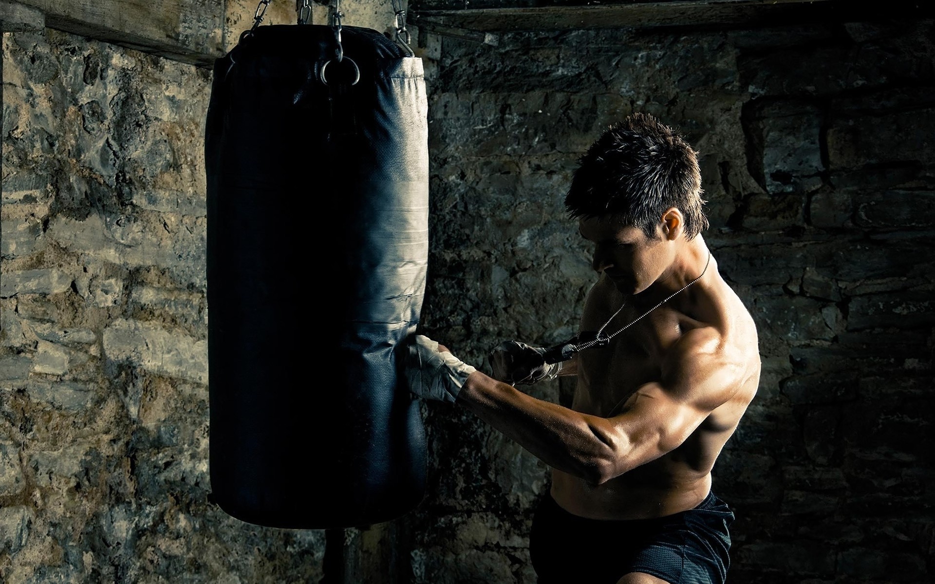 Sacco da boxe, Pugile, Allenamento, Muro di pietra, Full HD, sfondo per portatile